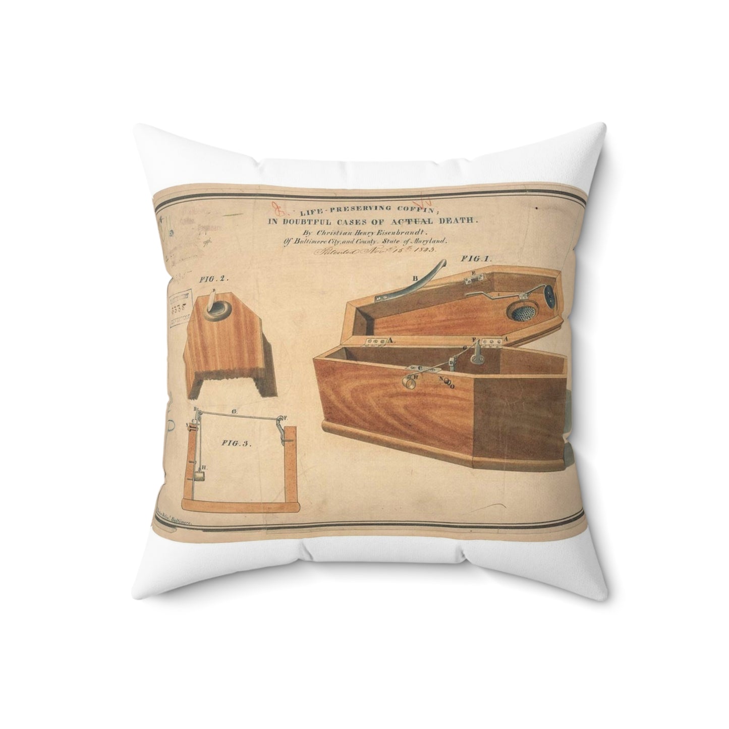 Patent drawing - Drawing for a Life - Preserving Coffin Public domain  image Decorative Accent Square Pillow
