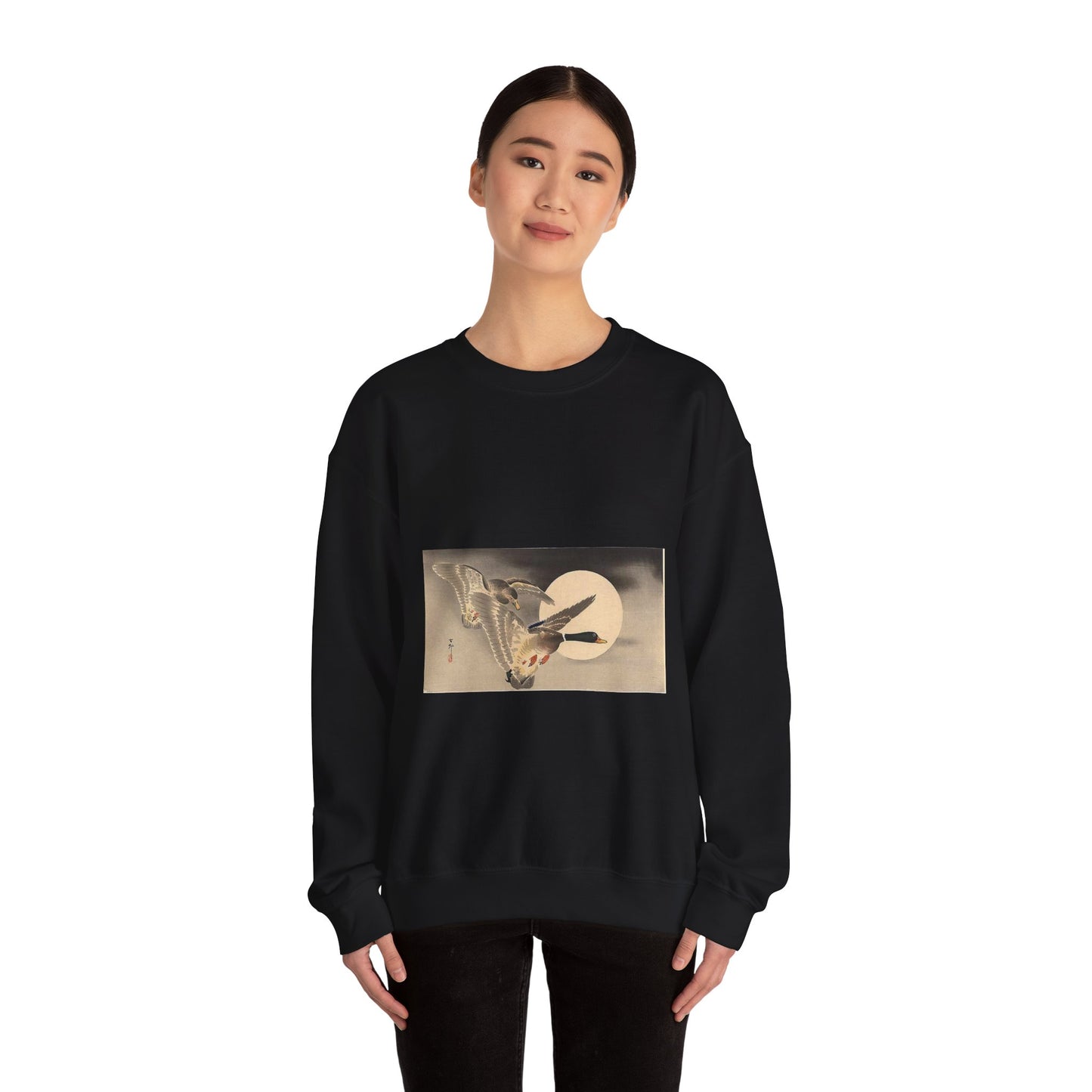 Koson - geese-in-flight-before-a-full-moon Black Heavy Blend Adult Crew Neck SweatShirt