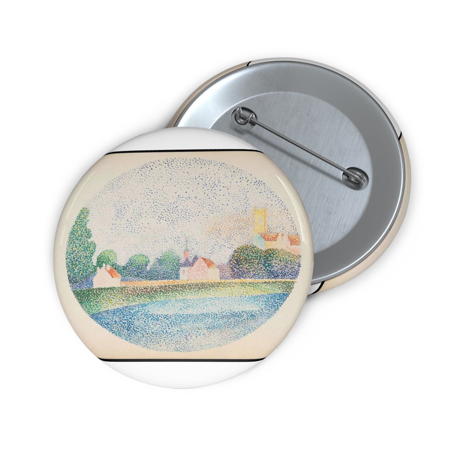 Morning on the Marne at Meaux - Drawing. Public domain image. Pin Buttons with Crisp Design