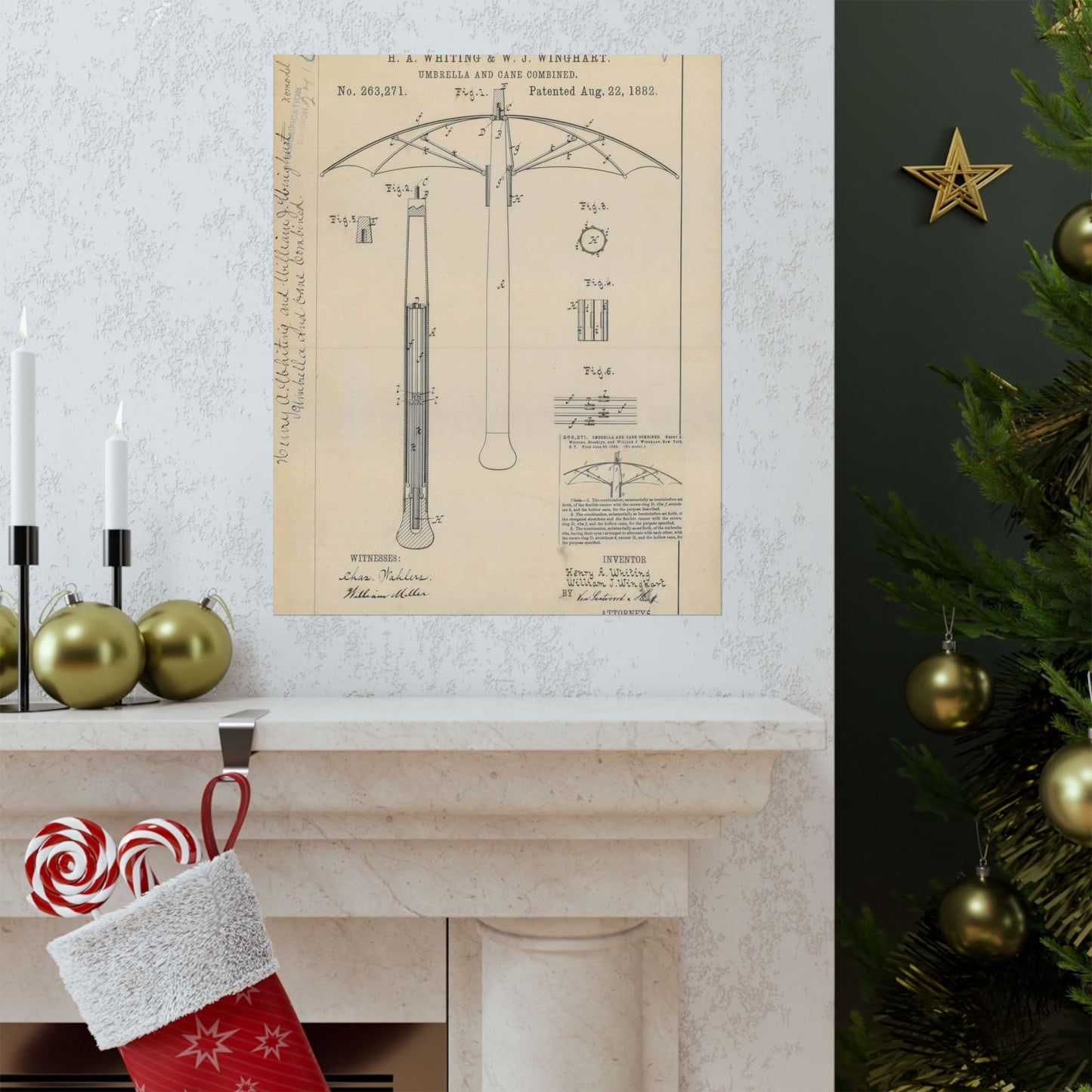 Patent drawing - for H. A. Whiting and W. J. Winghart's Umbrella and Cane Combined Public domain  image High Quality Matte Wall Art Poster for Home, Office, Classroom