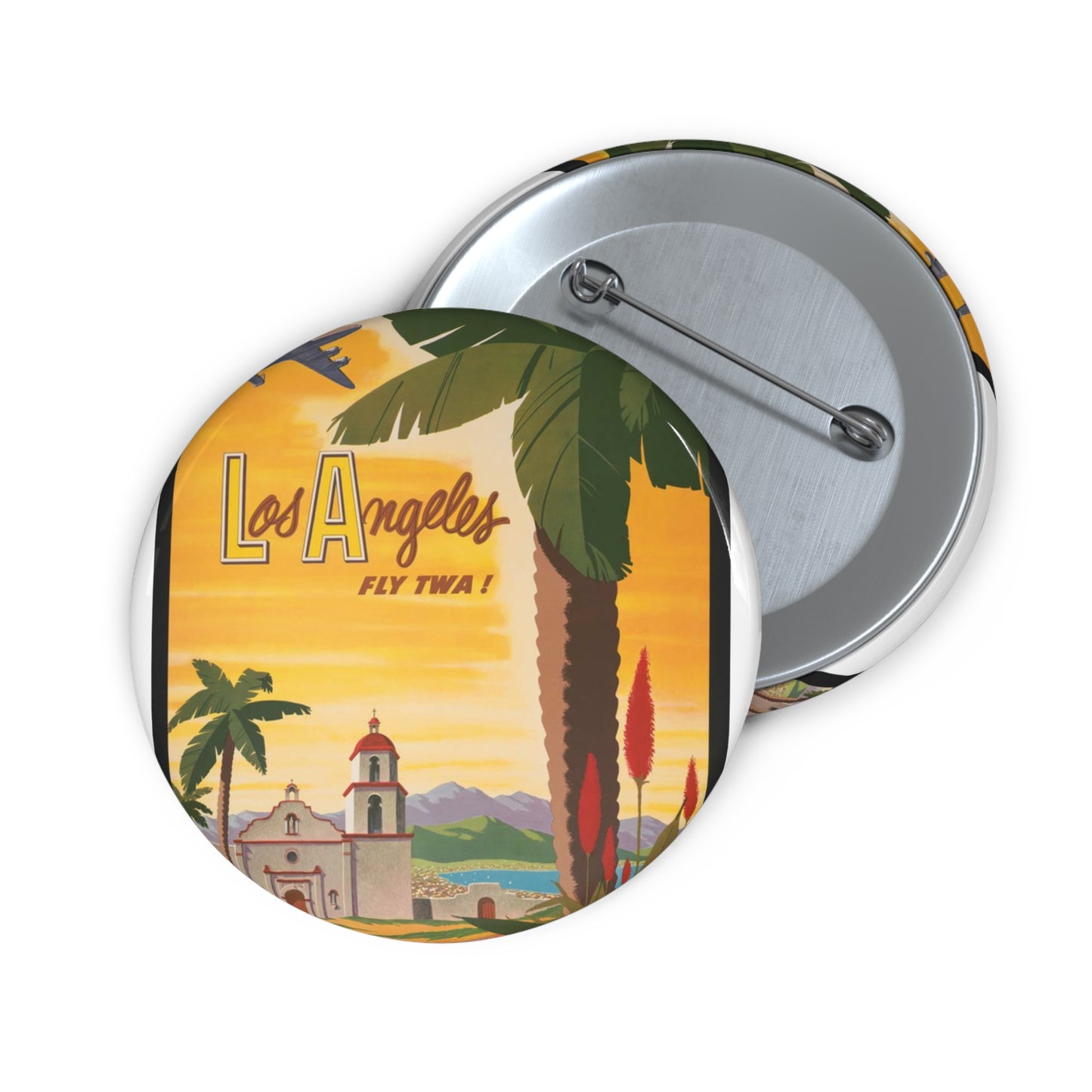 Los Angeles - fly TWA! Bob Smith Pin Buttons with Crisp Design