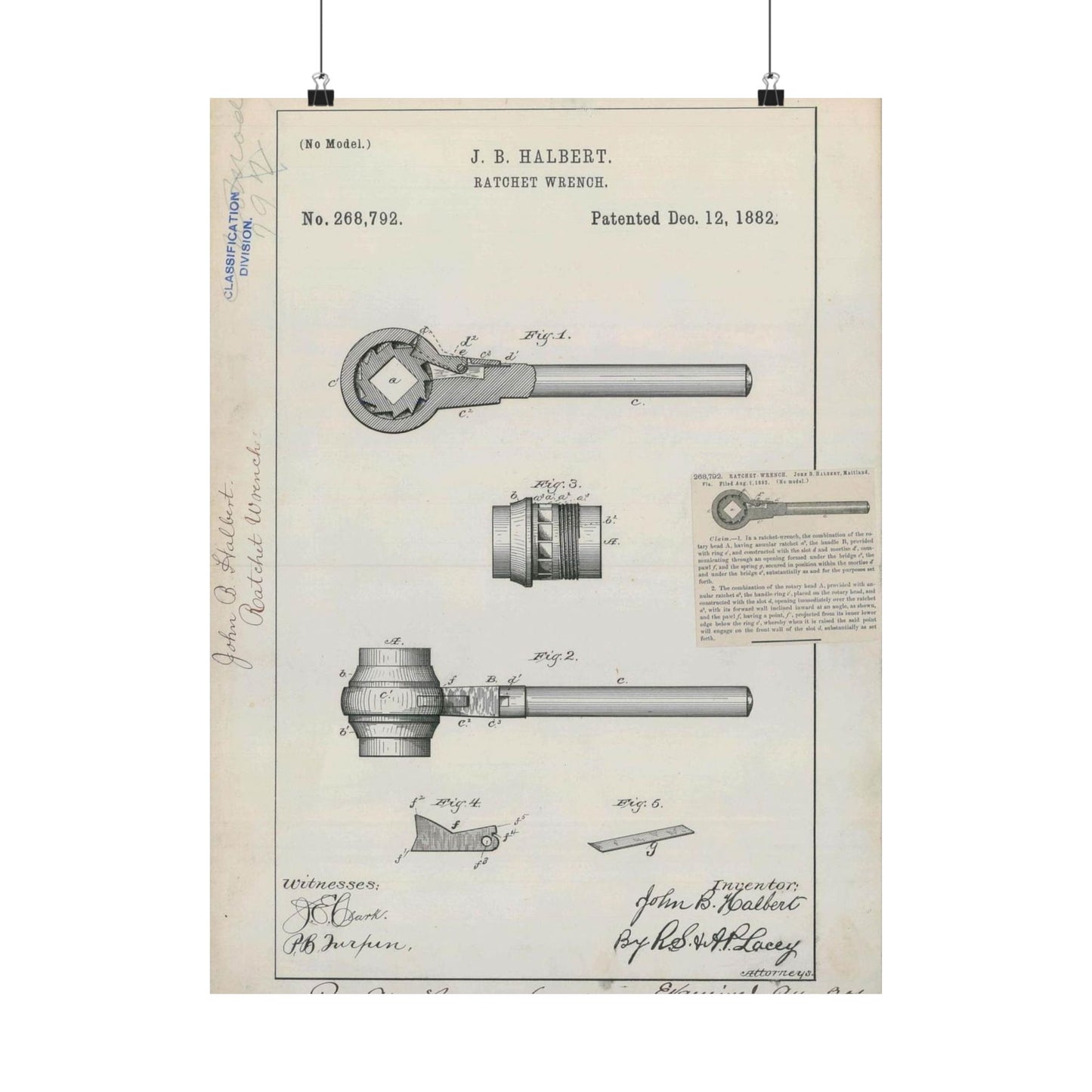 Patent Drawing of Engine - for J. B. Halbert's Ratchet Wrench Public domain  image High Quality Matte Wall Art Poster for Home, Office, Classroom