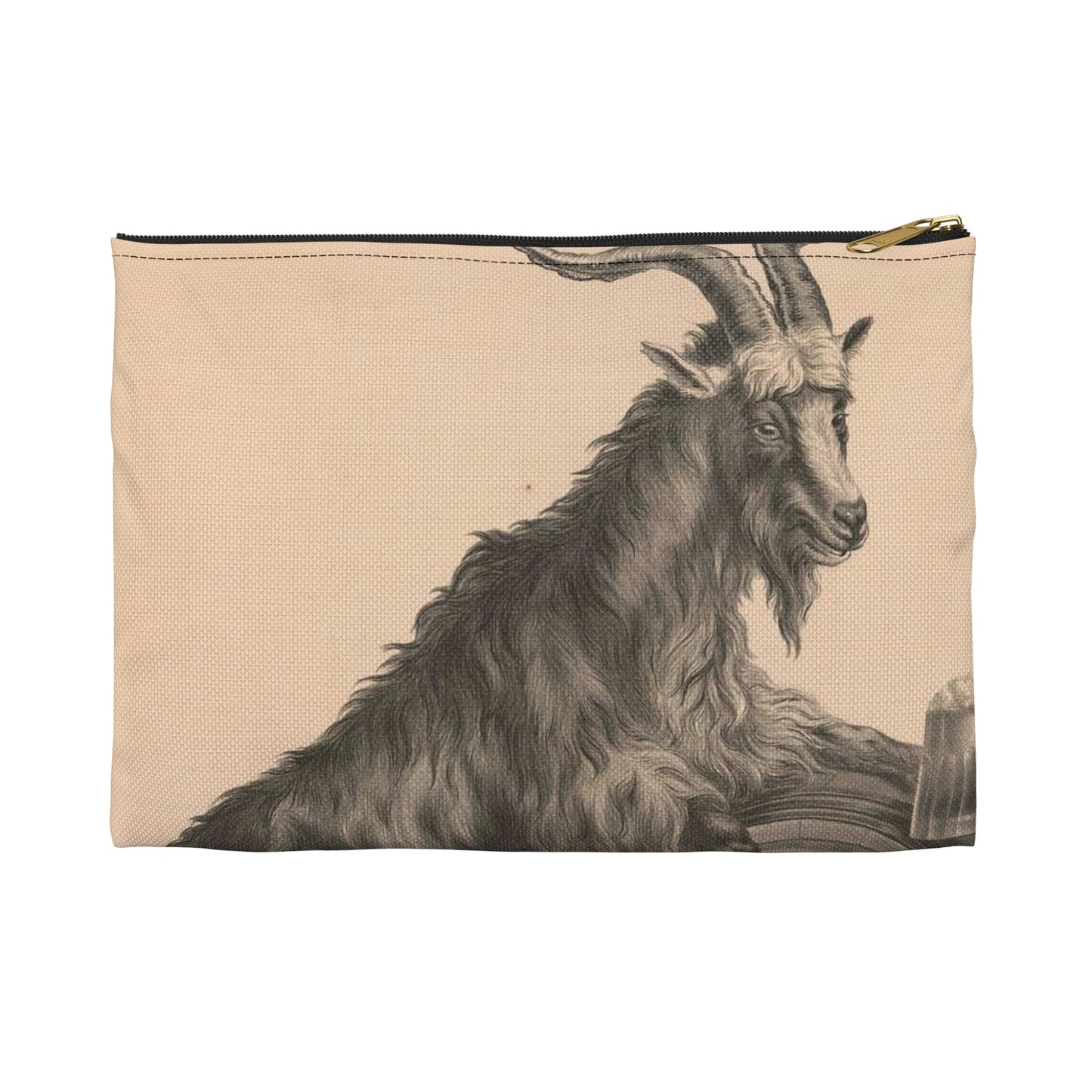 Giant bock goat resting on a keg, holding a mug of beer, men under the goat scrambling Large Organizer Pouch with Black Zipper