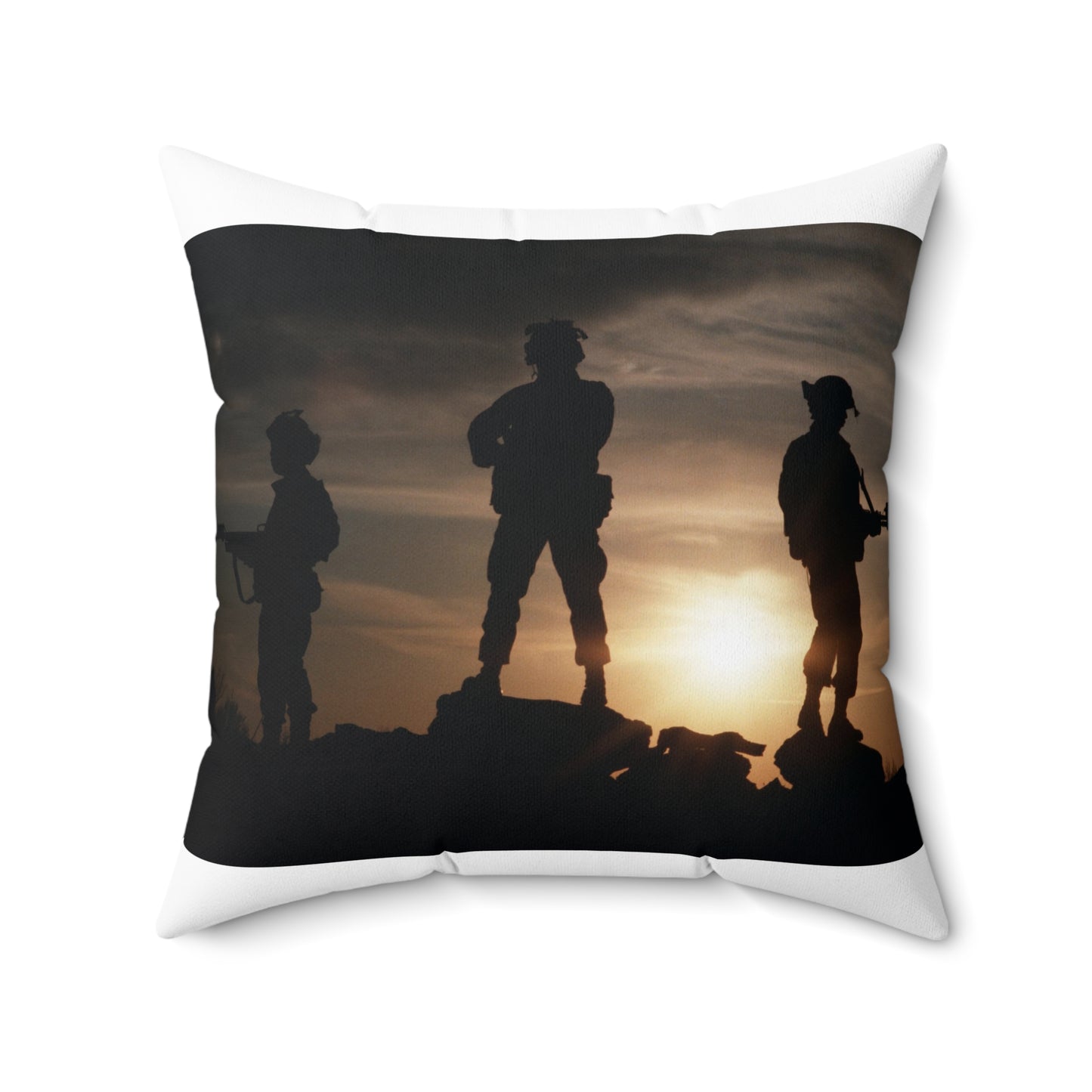 Members of the 63rd Security Police Squadron are silhouetted by the setting sun during the combat-readiness Exercise VOLANT SCORPION 87 Decorative Accent Square Pillow