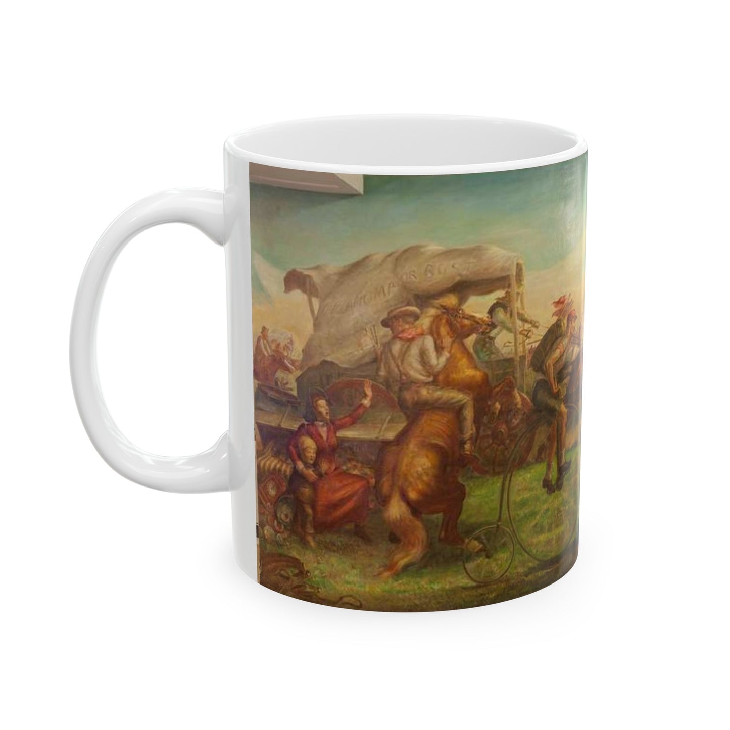 Mural: The Oklahoma Land Rush, April 22, 1889, by John Steuart Curry at the Department of Interior, Washington, D.C. Beautiful Novelty Ceramic Coffee Mug 11oz