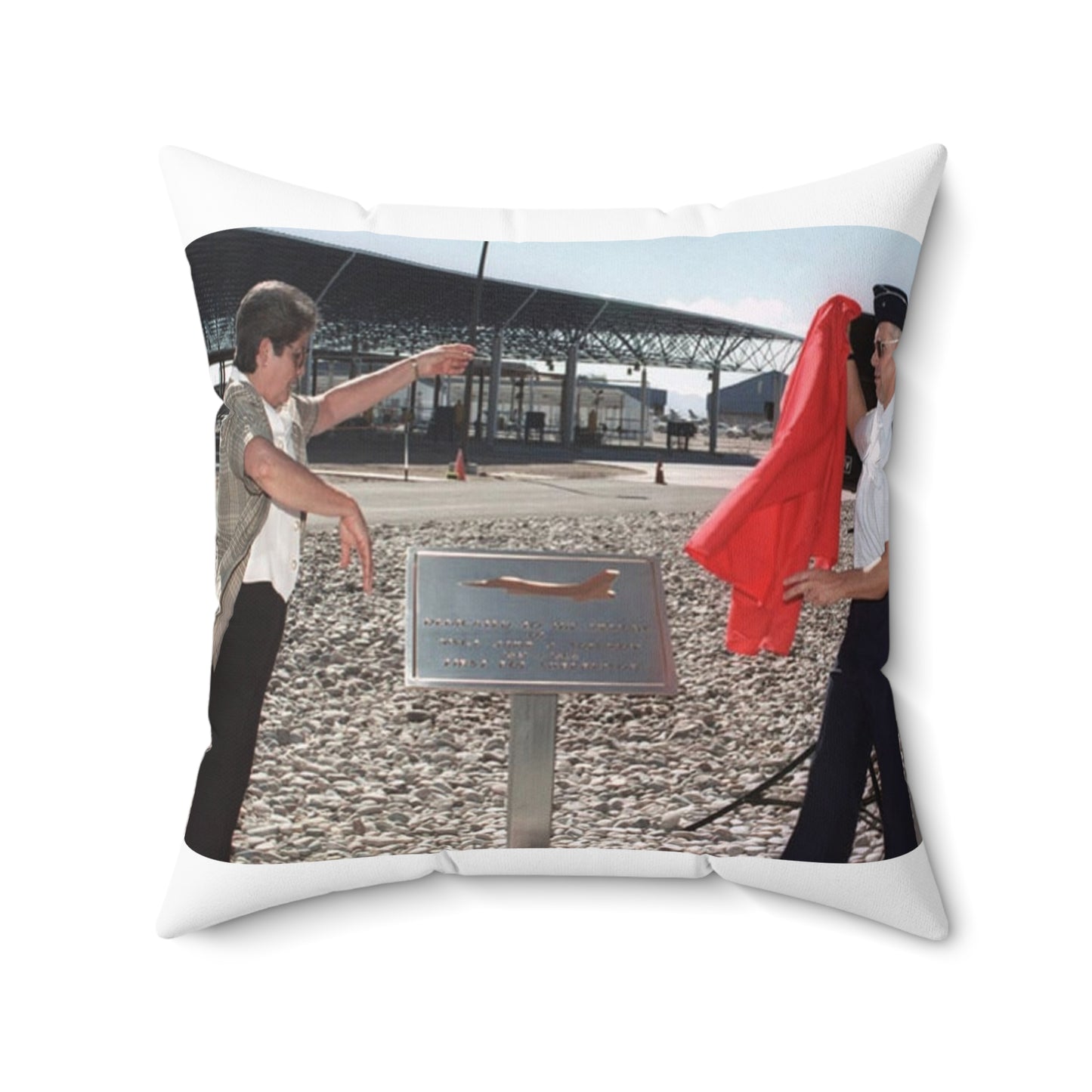 In memory of US Air Force MASTER Sergeant Jamie Solomon, US Air Force Brigadier General Mensching and Mrs. Solomon unveil the dedication of the new POL facilities in Tucson, Arizona Decorative Accent Square Pillow