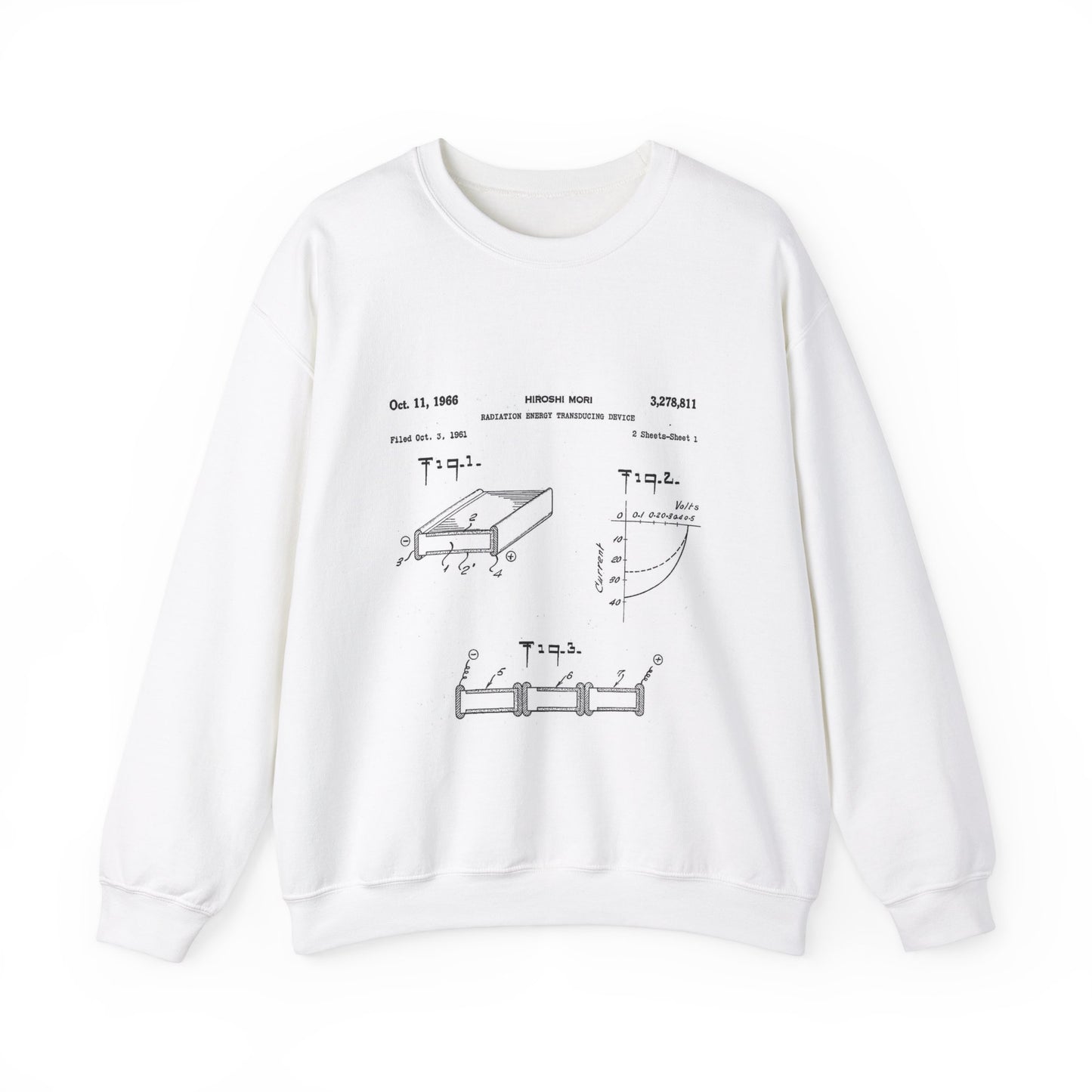 Patent drawing - Hiroshi Mori's first patented bifacial solar cell (1961) Public domain  image White Heavy Blend Adult Crew Neck SweatShirt