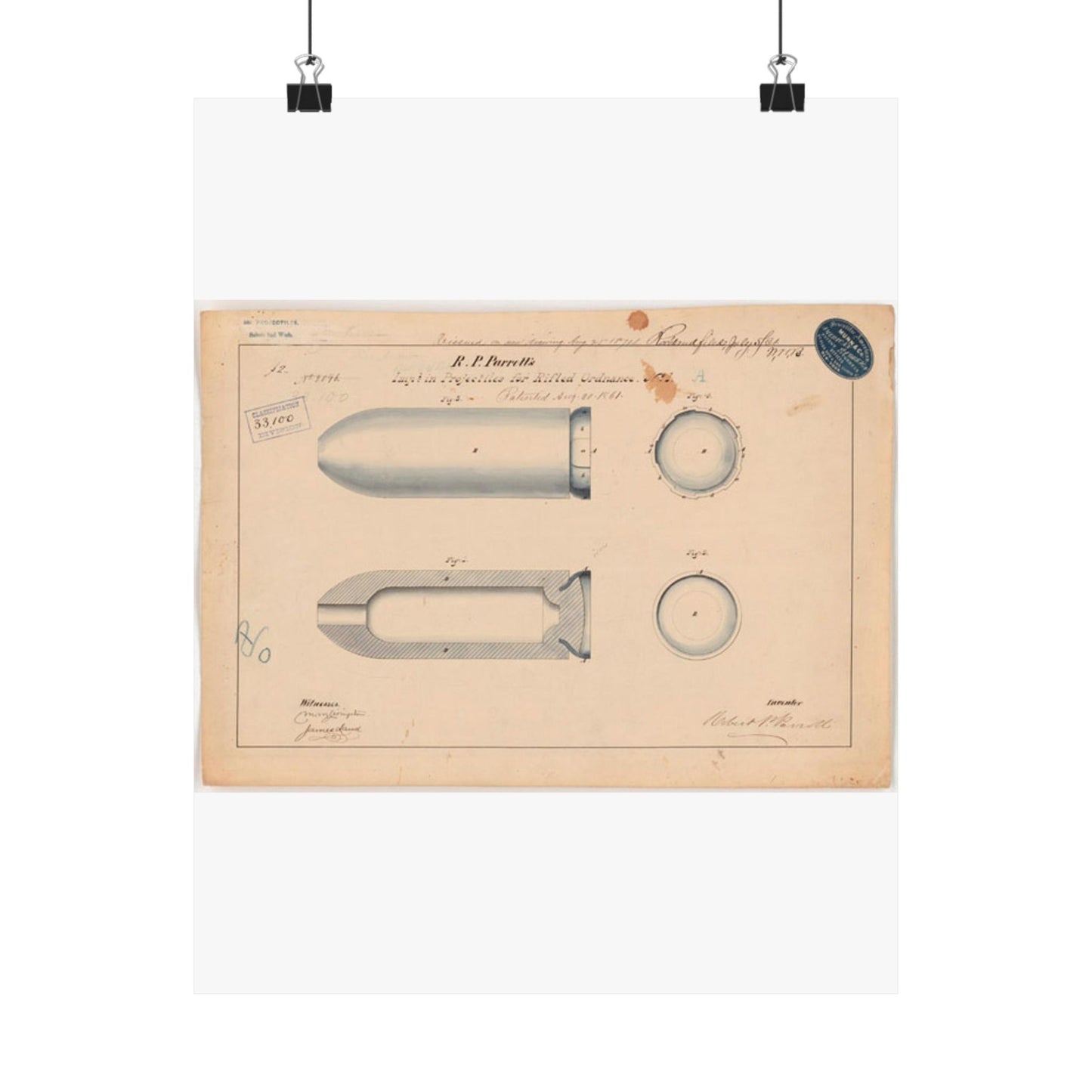 Patent drawing - Drawing of Improvement in Projectiles for Rifled Ordnance Public domain  image High Quality Matte Wall Art Poster for Home, Office, Classroom