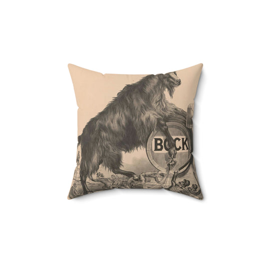 Giant bock goat resting on a keg, holding a mug of beer, men under the goat scrambling Decorative Accent Square Pillow