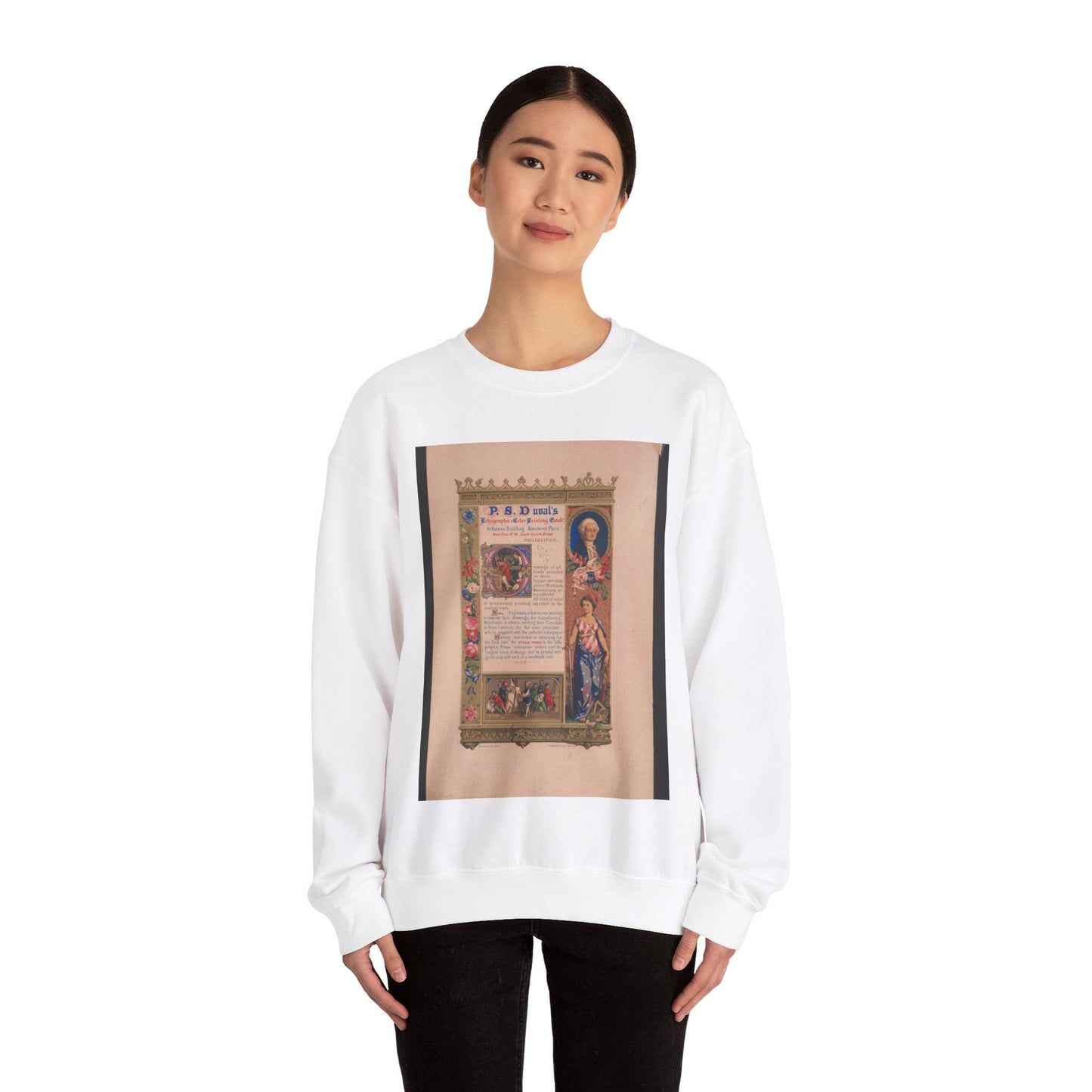 P.S. Duval's lithograhpic & color printing estab! Artizans Building Ranstead Place west from No. 26 South Fourth Street Philadelphia on stone by Schussele ; lith. & printed in color at the Estab! White Heavy Blend Adult Crew Neck SweatShirt