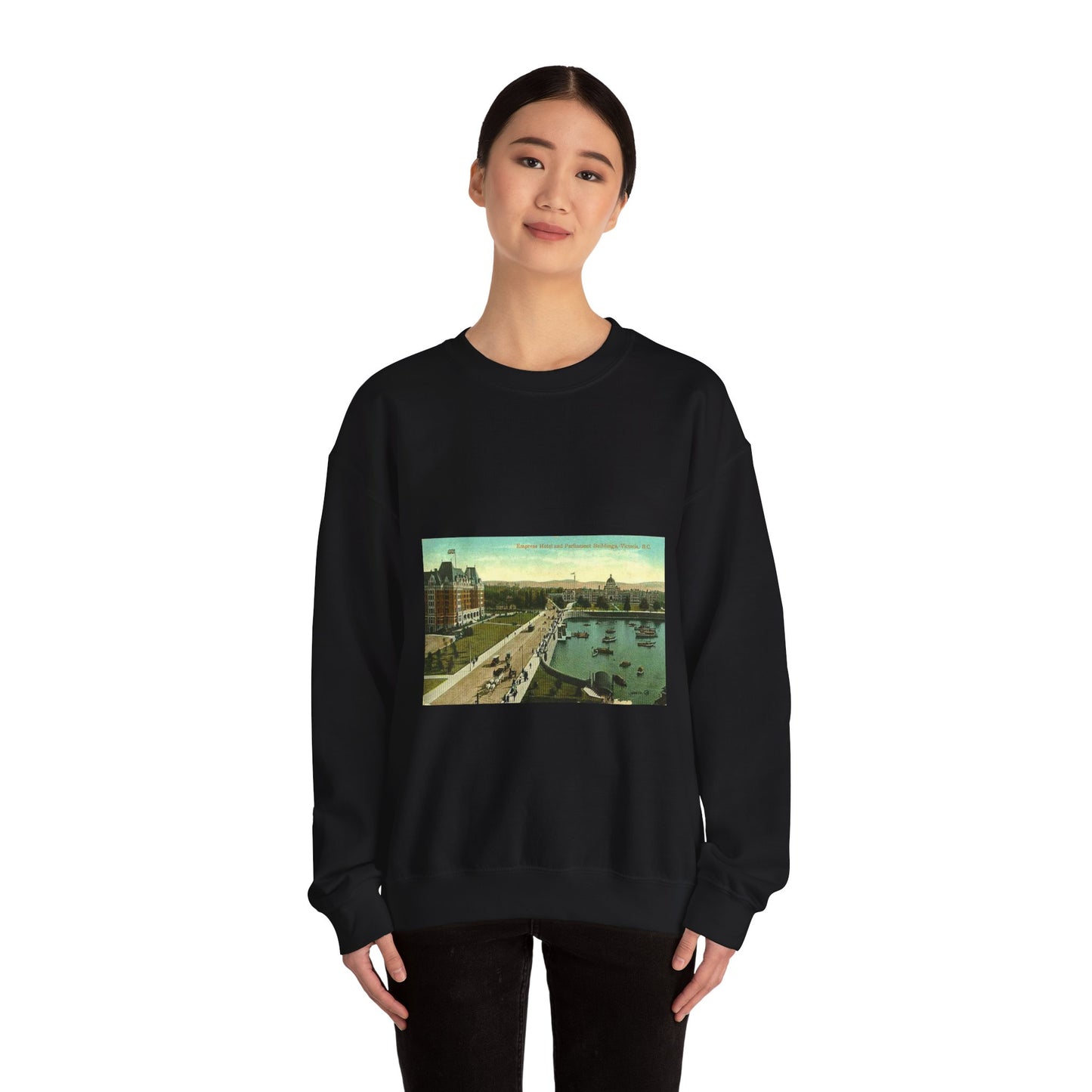 Empress Hotel and Parliament Buildings by the harbor in Victoria, British Columbia, between 1903 and 1913 (AL+CA 2080) Black Heavy Blend Adult Crew Neck SweatShirt