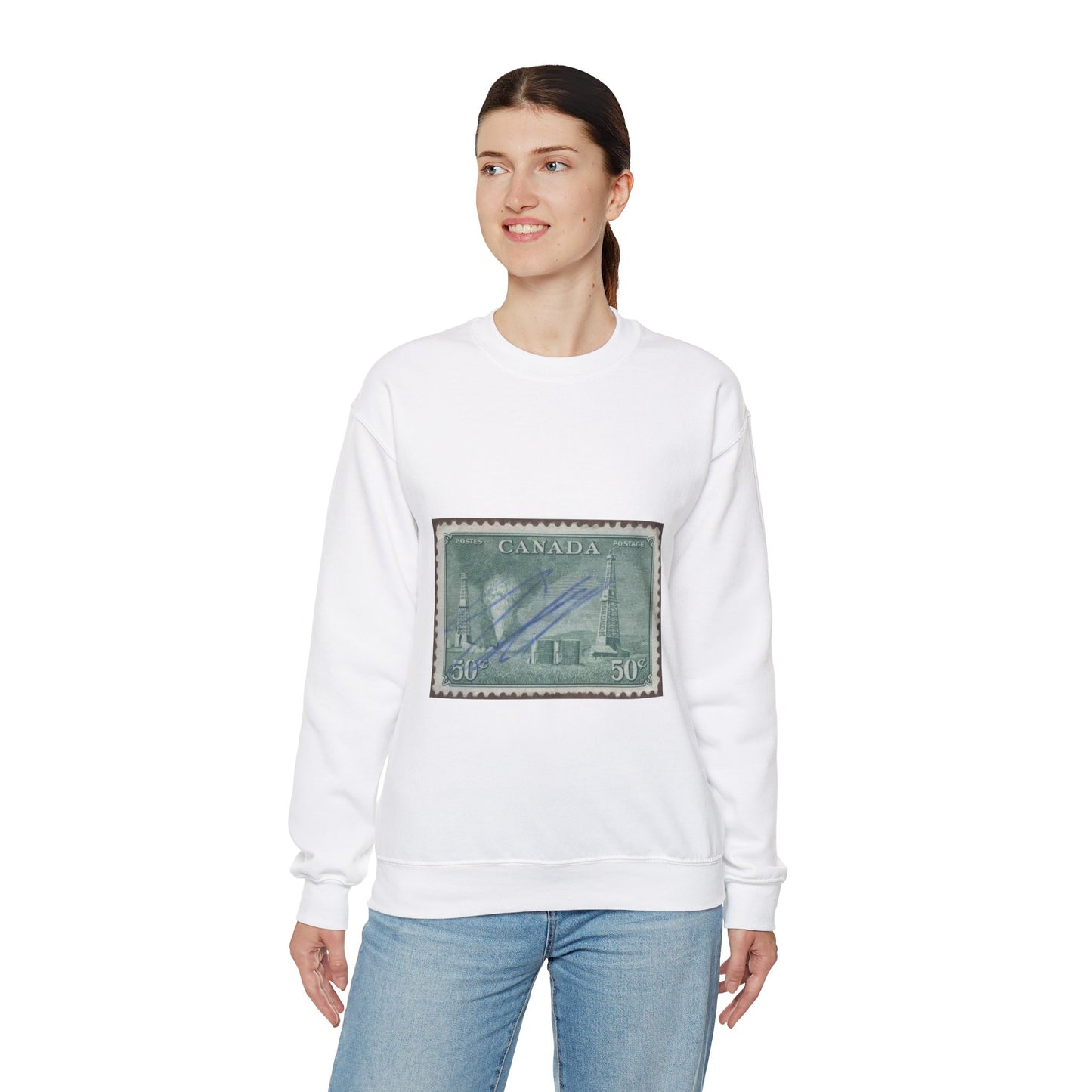 Frimärke ur Gösta Bodmans filatelistiska motivsamling, påbörjad 1950.Frimärke från Canada, 1950. Motiv av petroleumutvinning i Alberta. White Heavy Blend Adult Crew Neck SweatShirt