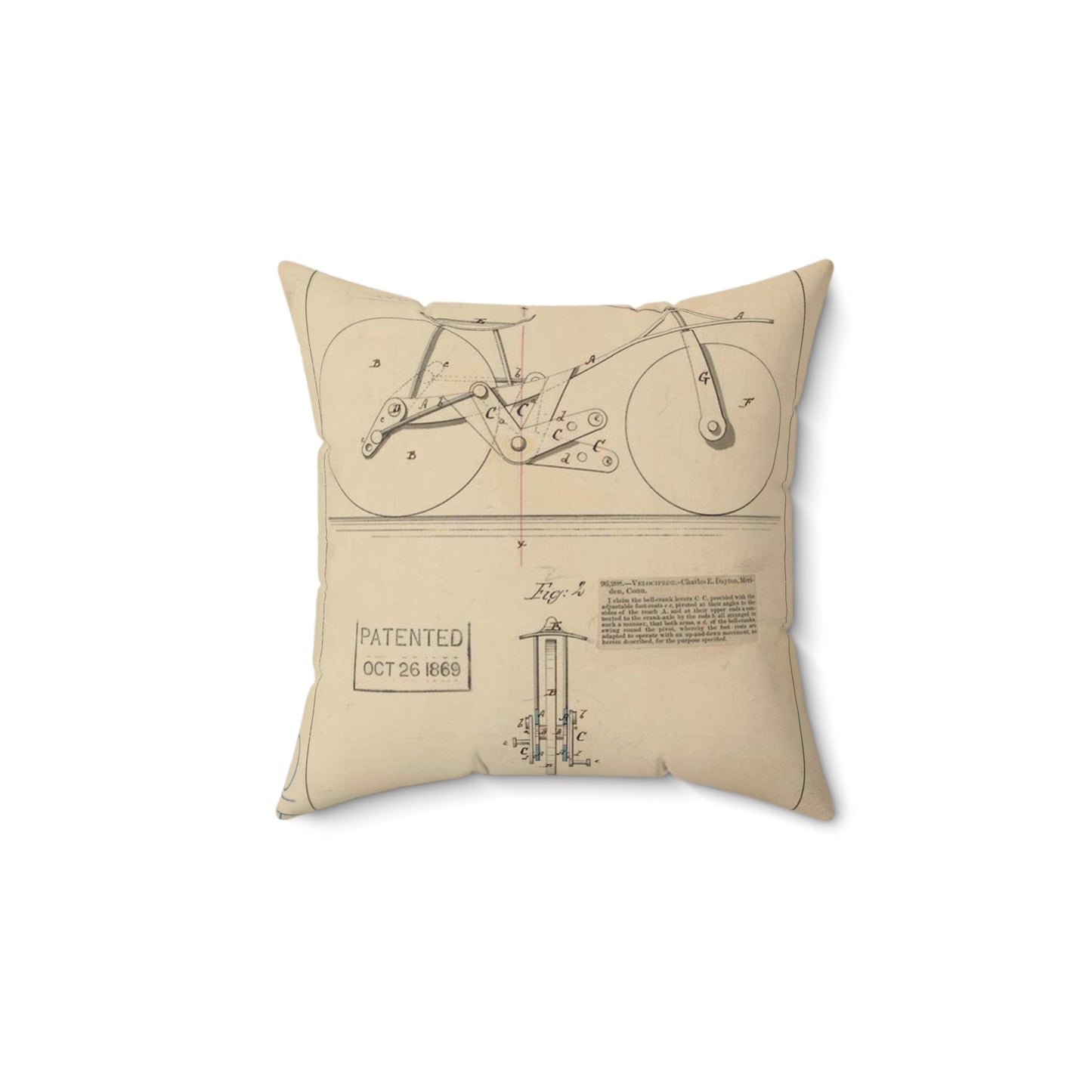 Patent drawing - Drawing of Velocipede Public domain  image Decorative Accent Square Pillow