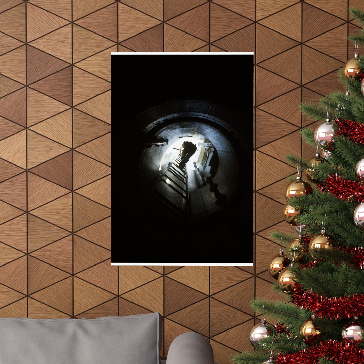 A 44th Field Missile Maintenance Squadron maintenance technician climbs down a ladder into a Minuteman missile support facility High Quality Matte Wall Art Poster for Home, Office, Classroom