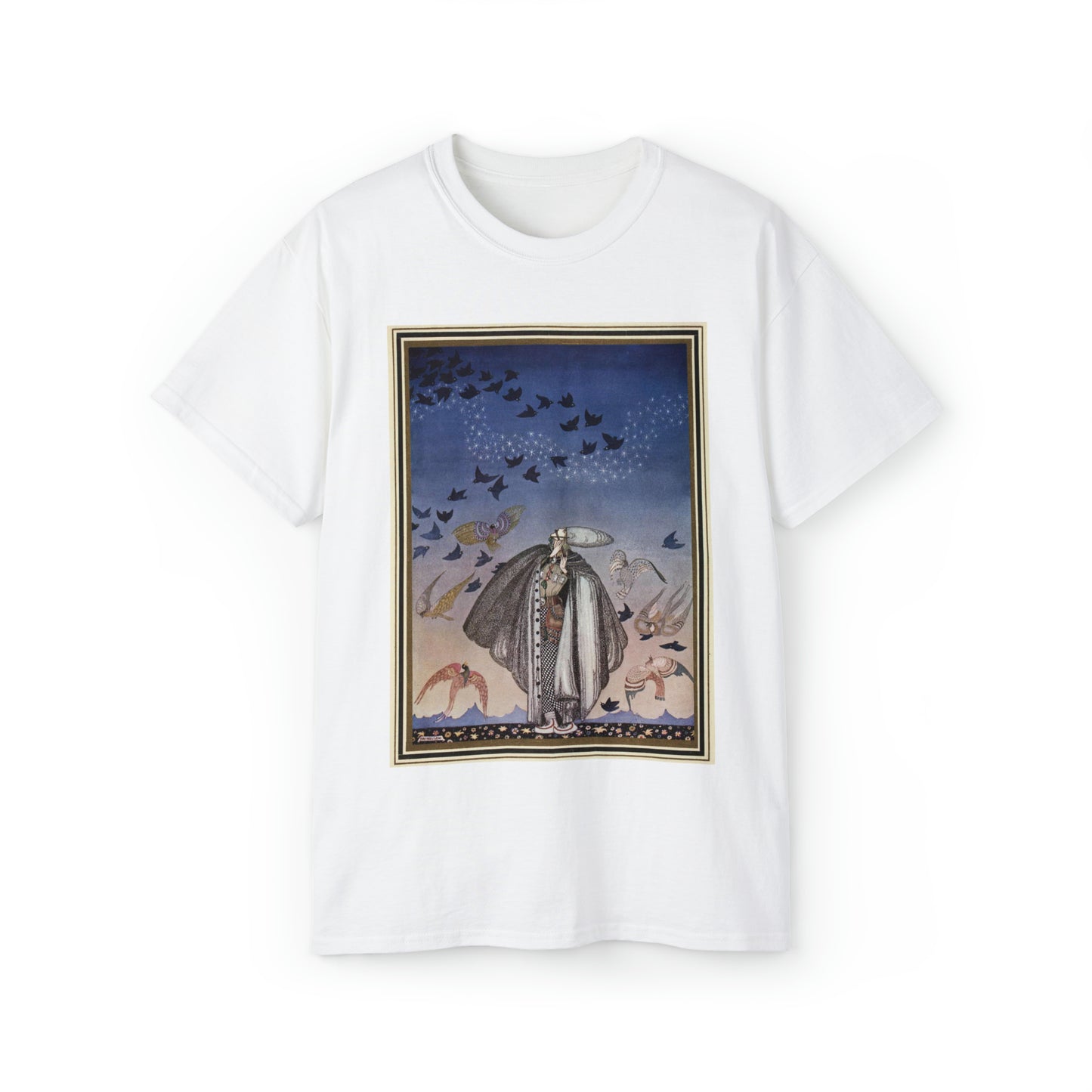 ‘No sooner had he whistled than he heard a whizzing and a whirring from all quarters, and such a large flock of birds swept down that they blackened all the field in which they settled’ (6278219321) White T-Shirt Gildan 2000 Cotton Unisex