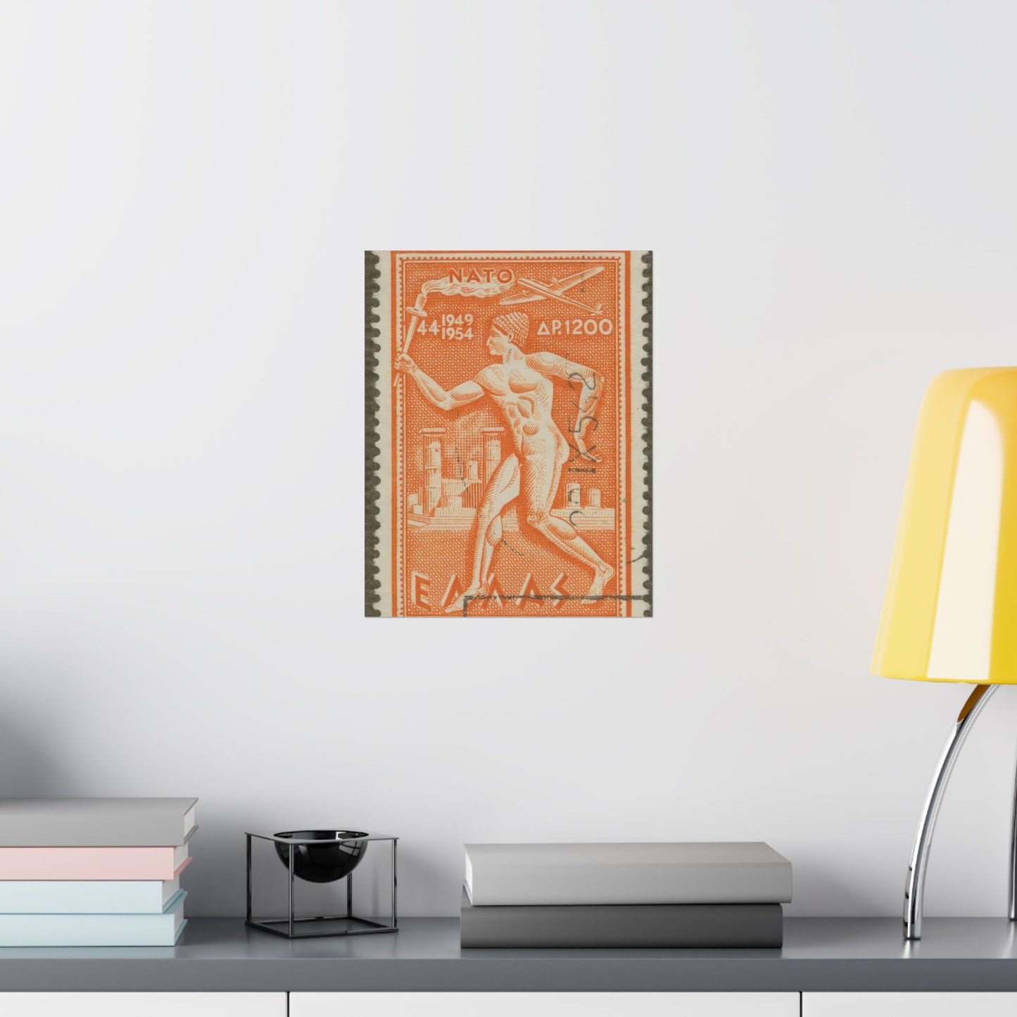 Frimärke ur Gösta Bodmans filatelistiska motivsamling, påbörjad 1950.Frimärke från Grekland, 1954. Motiv av symbol för upplysning och framåtskridande. "N. A. T. O. fem år 4.4.1949 -4.4.1954". High Quality Matte Wall Art Poster for Home, Office, Classroom