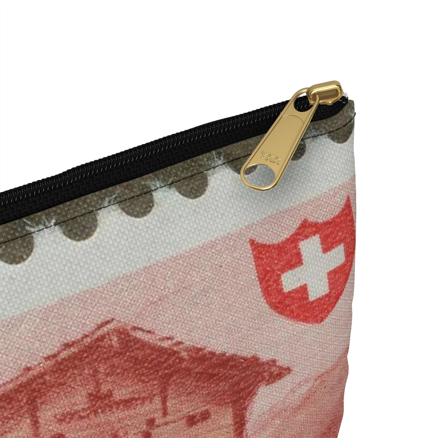 Frimärke ur Gösta Bodmans filatelistiska motivsamling, påbörjad 1950.Frimärke från Schweiz, 1948. Motiv av typisk byggnad i Wallis, 1948-08-01. Large Organizer Pouch with Black Zipper