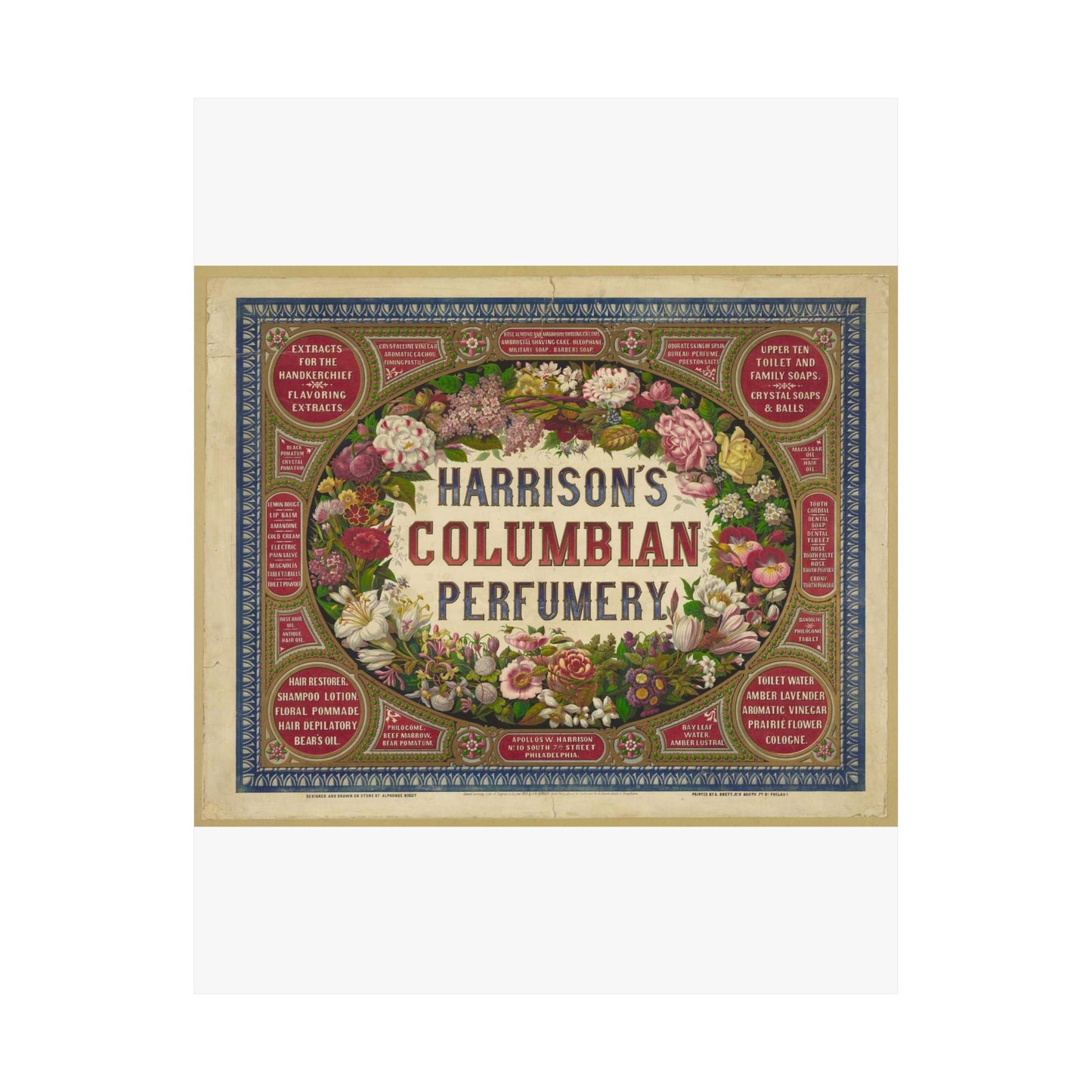 Harrison's Columbian perfumery / Designed and drawn on stone by Alphonse Bigot. High Quality Matte Wall Art Poster for Home, Office, Classroom