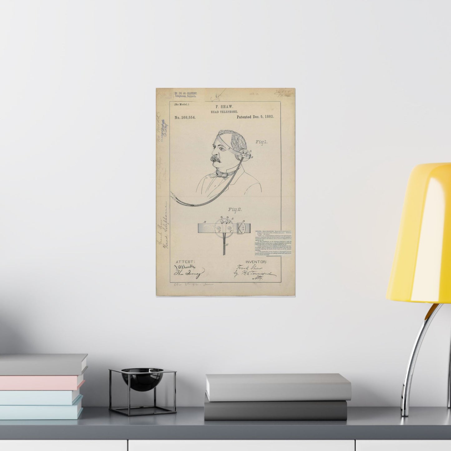 Patent drawing - for F. Shaw's Head Telephone Public domain  image High Quality Matte Wall Art Poster for Home, Office, Classroom