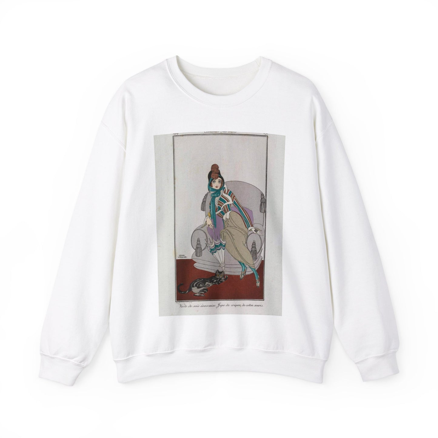 Jacket and skirt (Veste de soie écossaise. Jupe de crépon de coton souris) (CBL WEp 0946) White Heavy Blend Adult Crew Neck SweatShirt