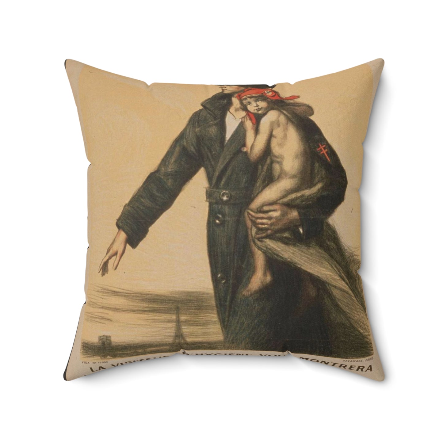 La visiteuse d'hygiéne vous montrera le chemin de la santé. Elle mène une croisade contre la tuberculose et la mortalité infantile. Soutenez-la! Decorative Accent Square Pillow