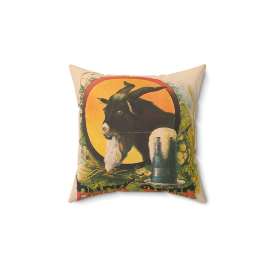 Bock Beer, the head of a goat inside an oval, with a stein of beer sitting on a bed of hops, underneath the oval Decorative Accent Square Pillow