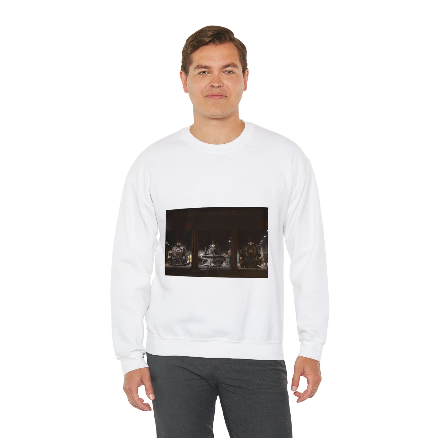 Steam locomotives in the roundhouse of the Durango & Silverton Narrow Gauge Scenic Railroad in Durango, Colorado White Heavy Blend Adult Crew Neck SweatShirt