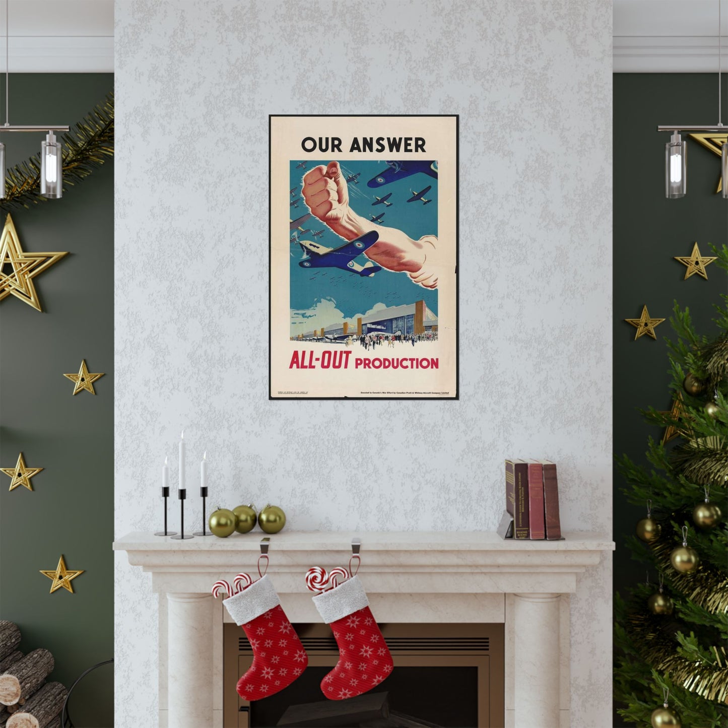 Our Answer All-Out Production, Canada, WWII Propaganda Poster High Quality Matte Wall Art Poster for Home, Office, Classroom