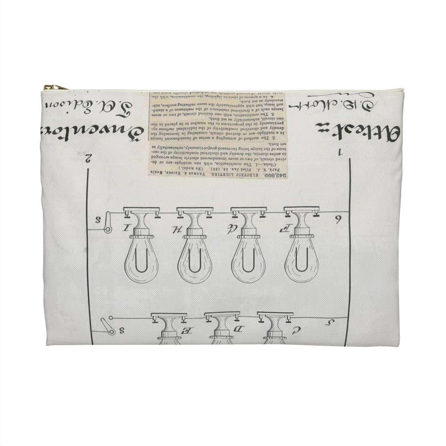 Patent drawing - for T. A. Edison's Electric Lighting Public domain  image Large Organizer Pouch with Black Zipper