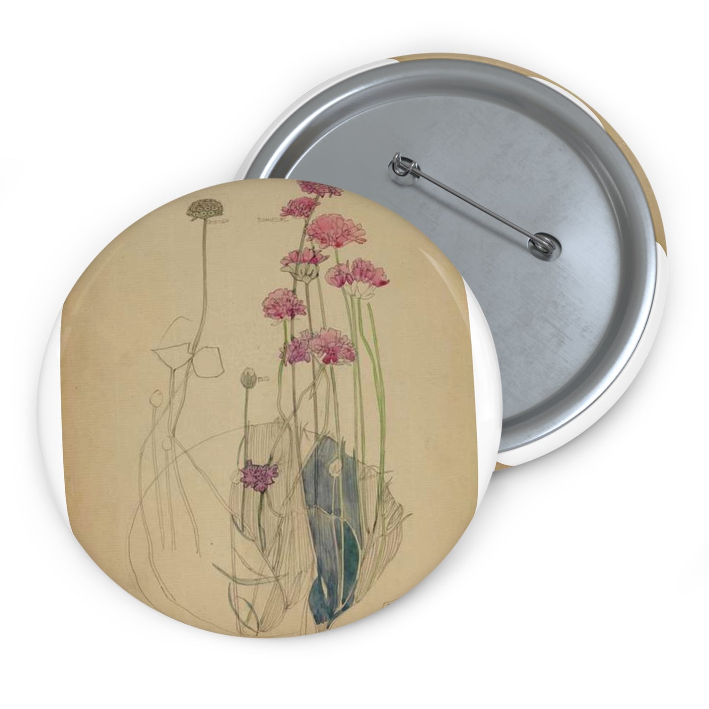 Sea Pink - Holy Island - Charles Rennie Mackintosh - 1901 Pin Buttons with Crisp Design