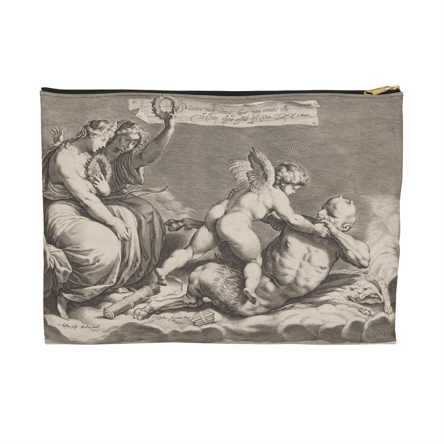 Cupid wrestling with Pan, amongst the clouds, with two allegorical women seated at left Large Organizer Pouch with Black Zipper