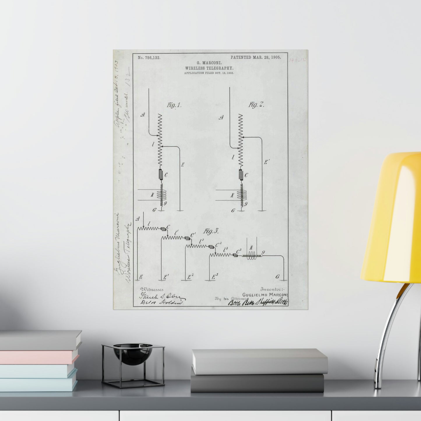 Patent drawing - for G. Marconi's Wireless Telegraphy Public domain  image High Quality Matte Wall Art Poster for Home, Office, Classroom