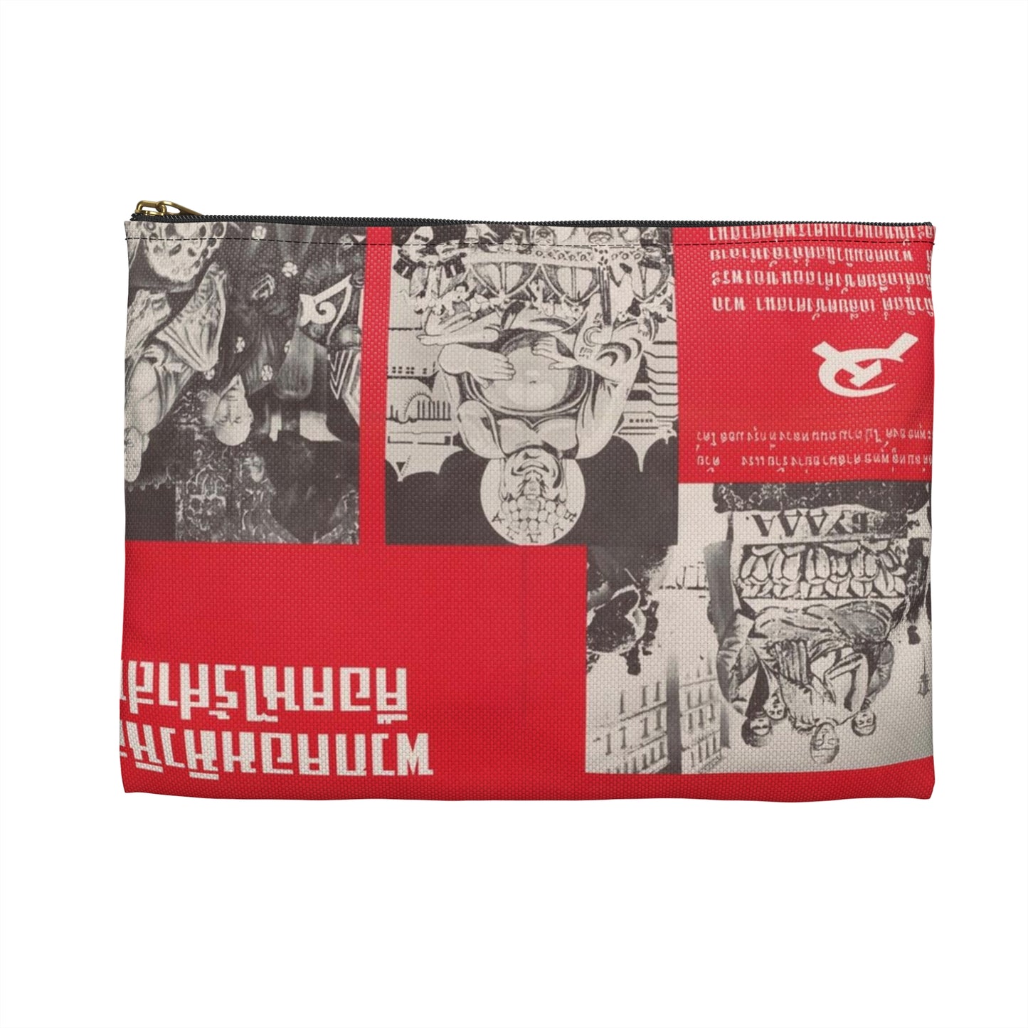 Communist Threat to Religion - A red and yellow poster with pictures of people Large Organizer Pouch with Black Zipper