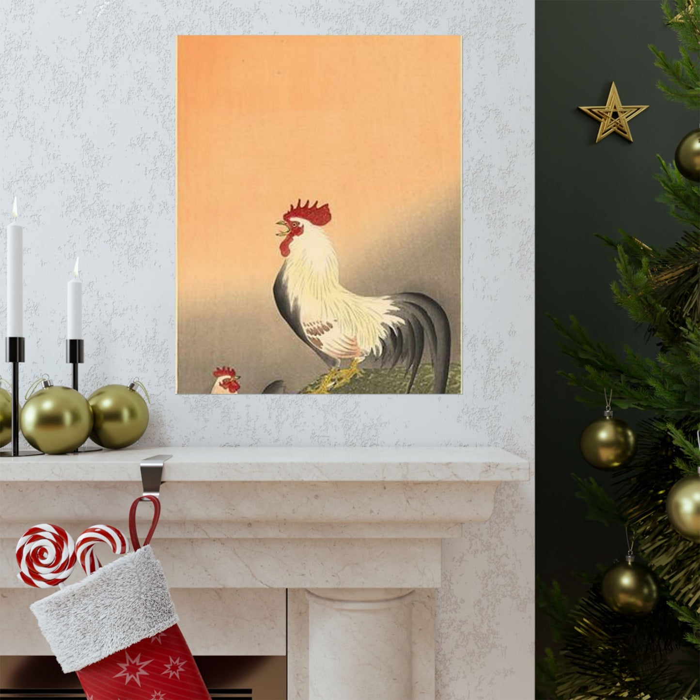 Koson - rooster-and-hen-at-sunrise, Ohara Koson High Quality Matte Wall Art Poster for Home, Office, Classroom