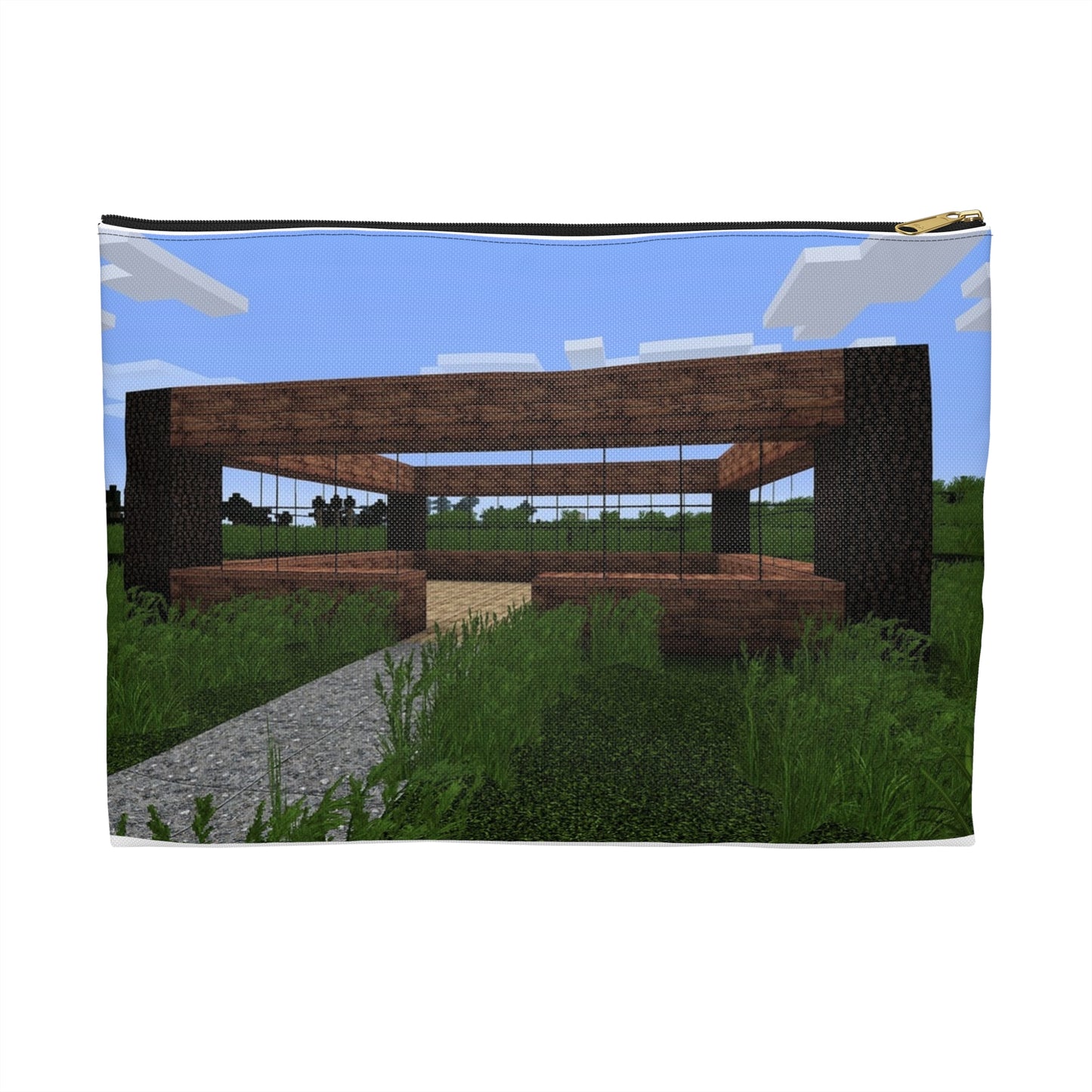 A bench in the middle of a field. Minecraft video game sky. Large Organizer Pouch with Black Zipper