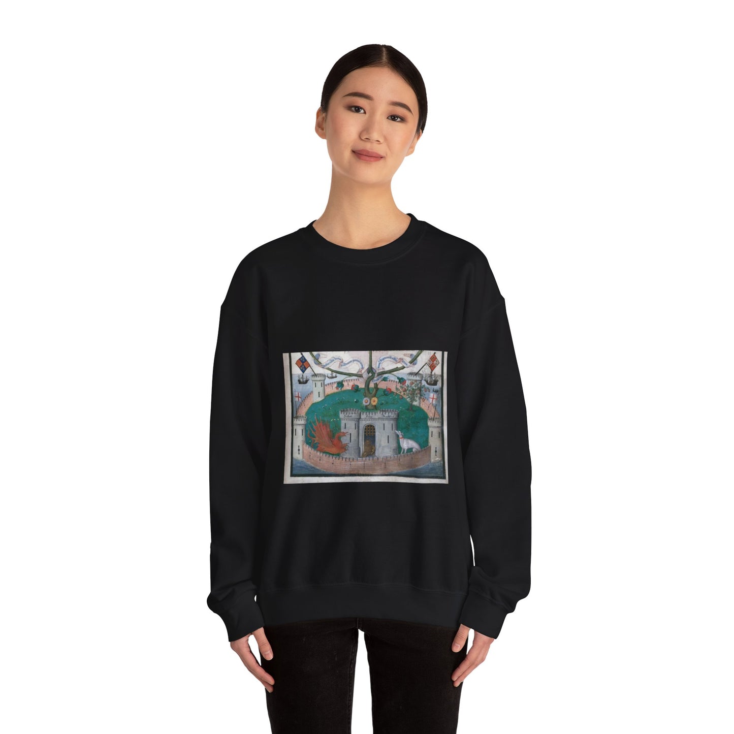 Tudor Rose from BL Royal 11 E XI, f. 2 Black Heavy Blend Adult Crew Neck SweatShirt