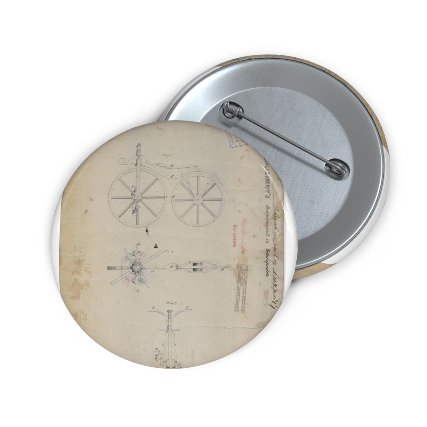 Patent drawing - for Pierre Lallement's Improvement in Velocipedes Public domain  image Pin Buttons with Crisp Design