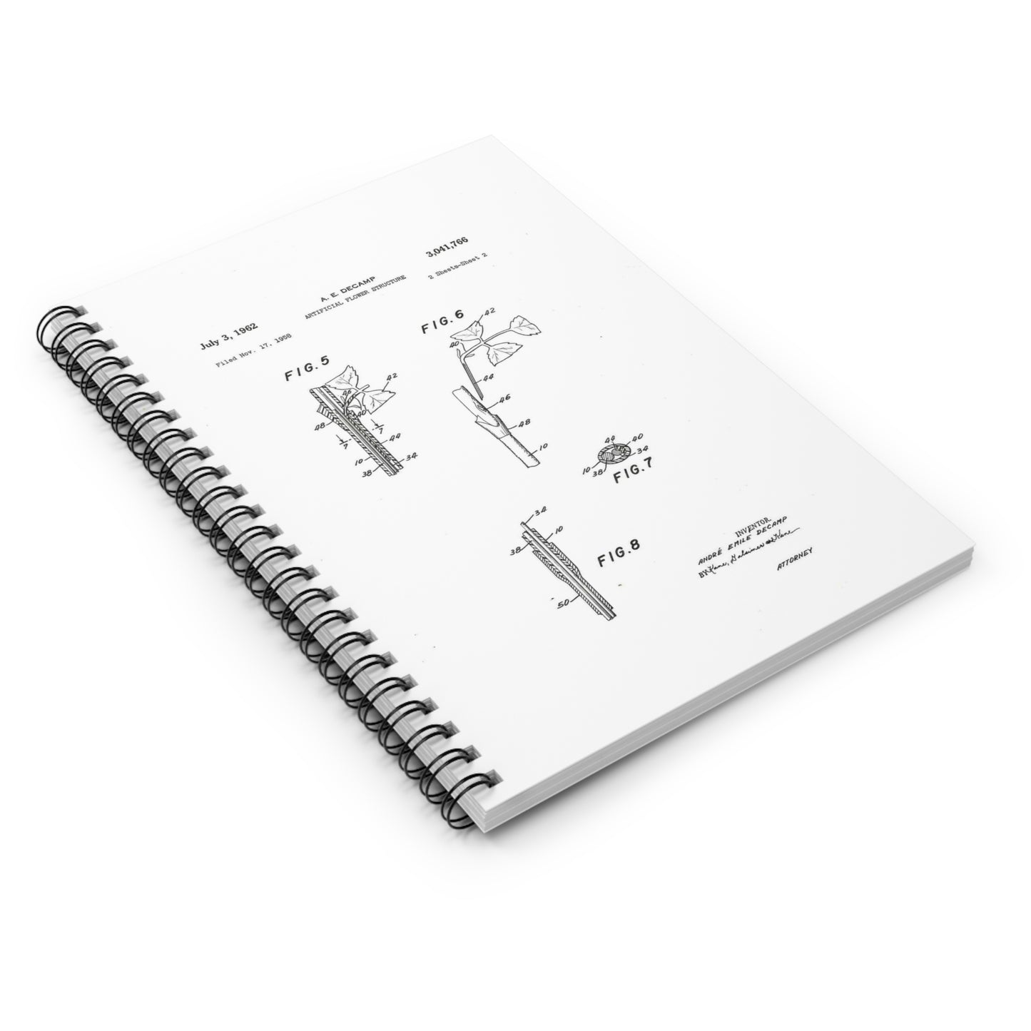 Patent Case File No. 3,041,766, Artificial Flower Structure, Inventor- Andre Emile Decamp. - DPLA - 5b42c14167aa06231801b6160e85e41a (page 8) Spiral Bound Ruled Notebook with Printed Cover