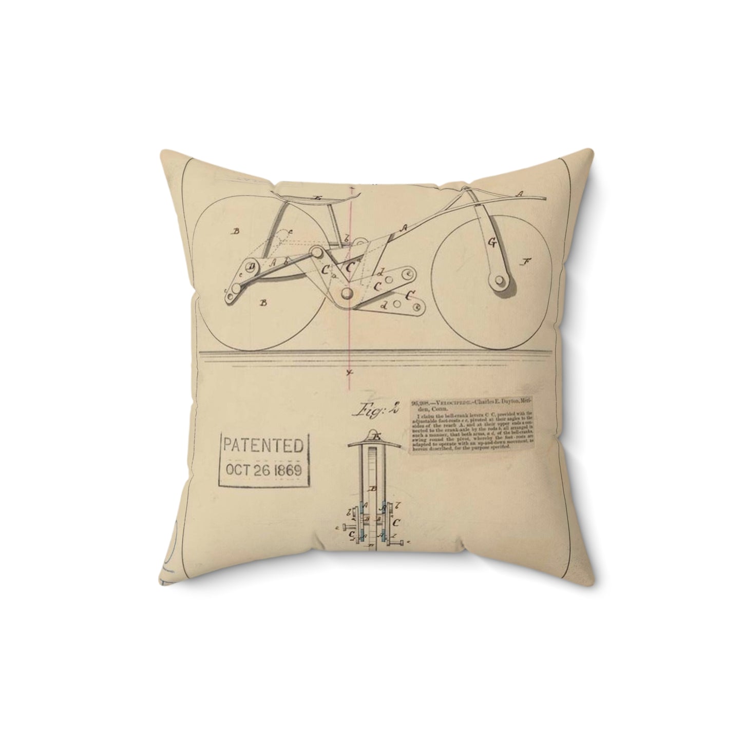 Patent drawing - Drawing of Velocipede Public domain  image Decorative Accent Square Pillow