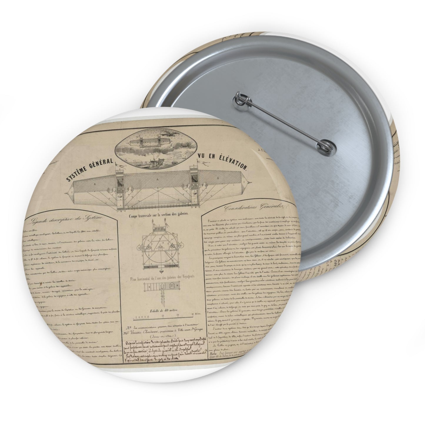 Patent drawing - Aérostat dirigeable système Vaussin Chardanne, brevet ... Nouveaux procédés de direction aérienne présenté à lʹInstitut de France, 1852 Public domain  image Pin Buttons with Crisp Design