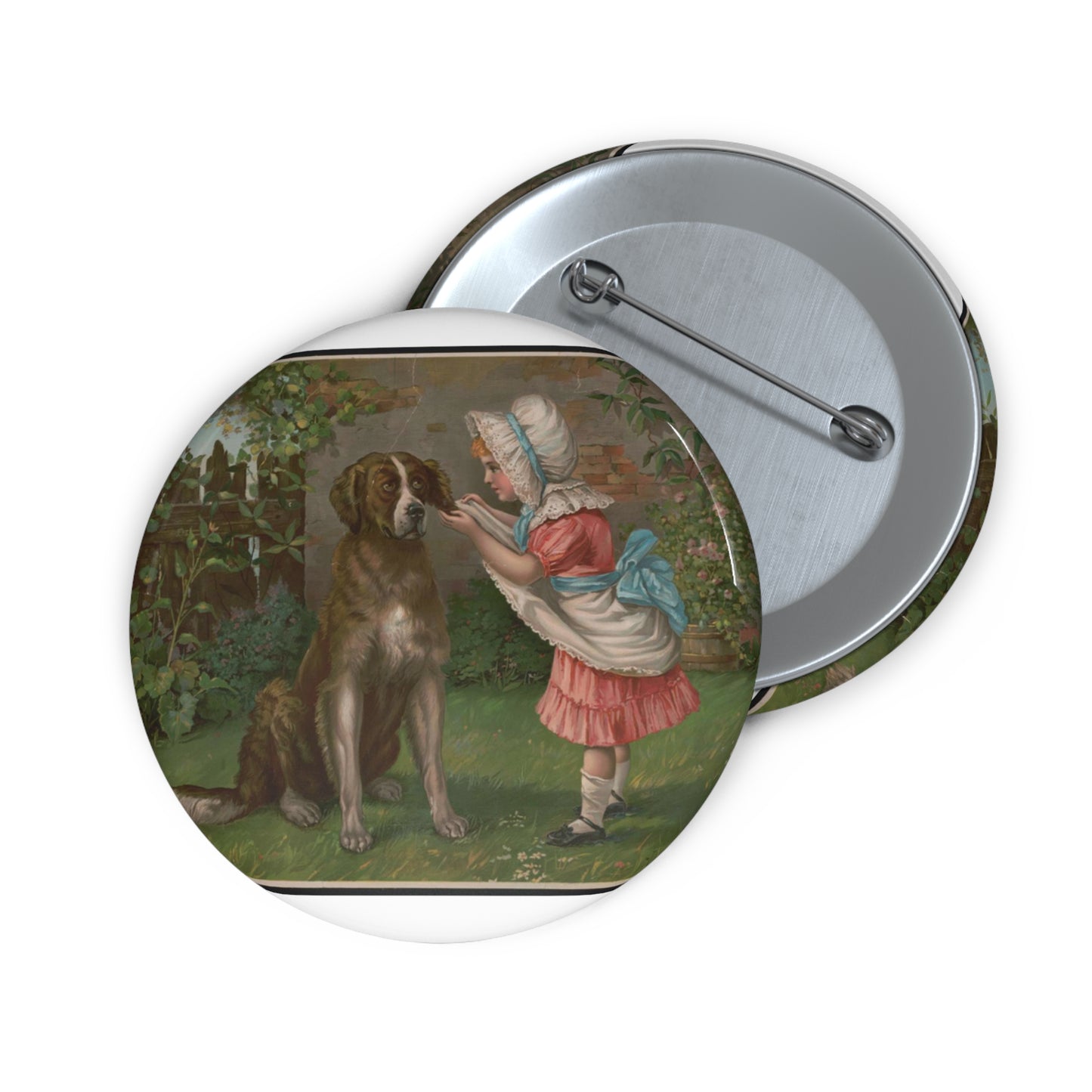 Girl in pink dress and white bonnet with dog Pin Buttons with Crisp Design