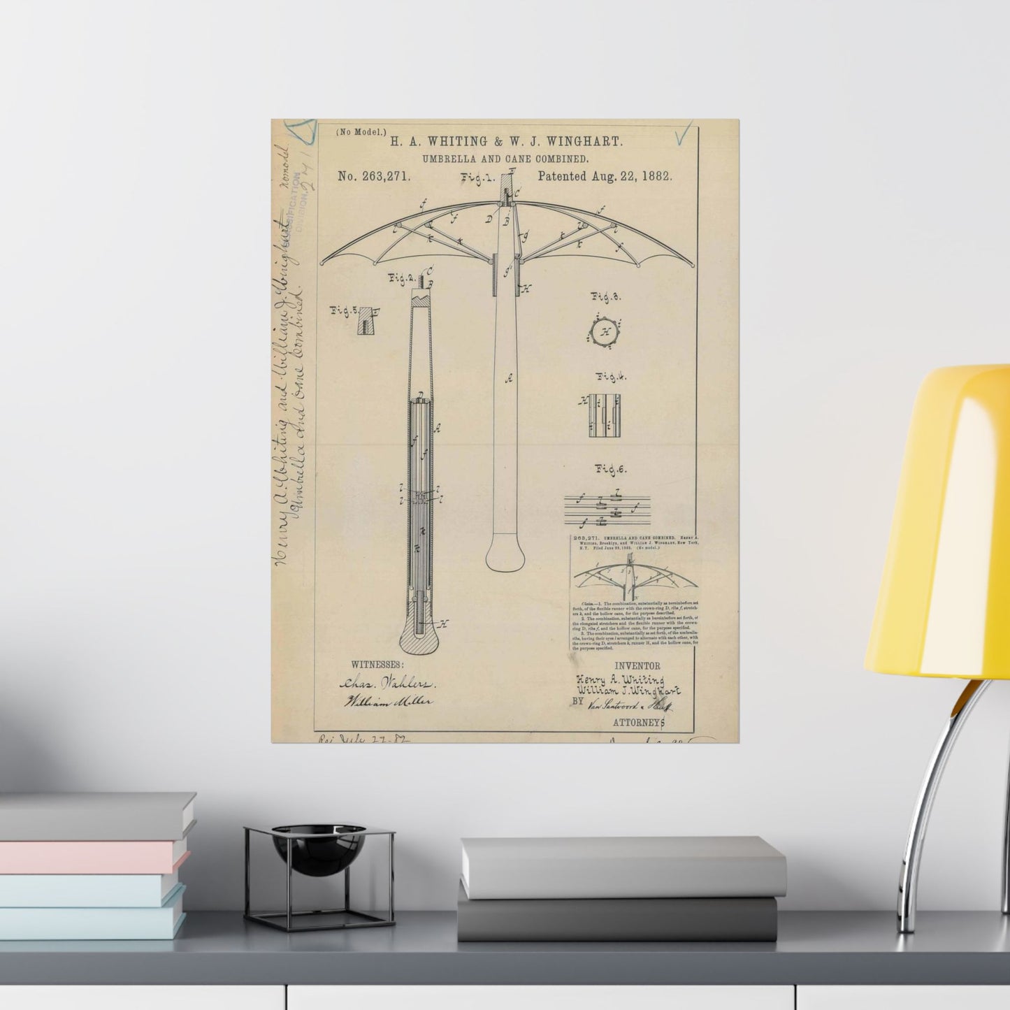 Patent drawing - for H. A. Whiting and W. J. Winghart's Umbrella and Cane Combined Public domain  image High Quality Matte Wall Art Poster for Home, Office, Classroom
