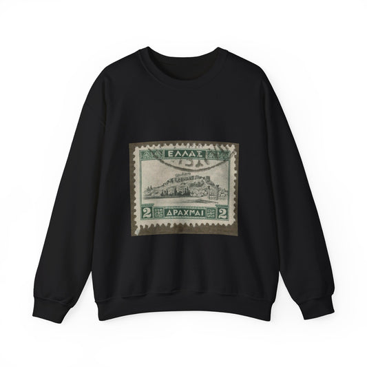 Frimärke ur Gösta Bodmans filatelistiska motivsamling, påbörjad 1950.Frimärke från Grekland, 1927. Motiv av Akropolis. Black Heavy Blend Adult Crew Neck SweatShirt