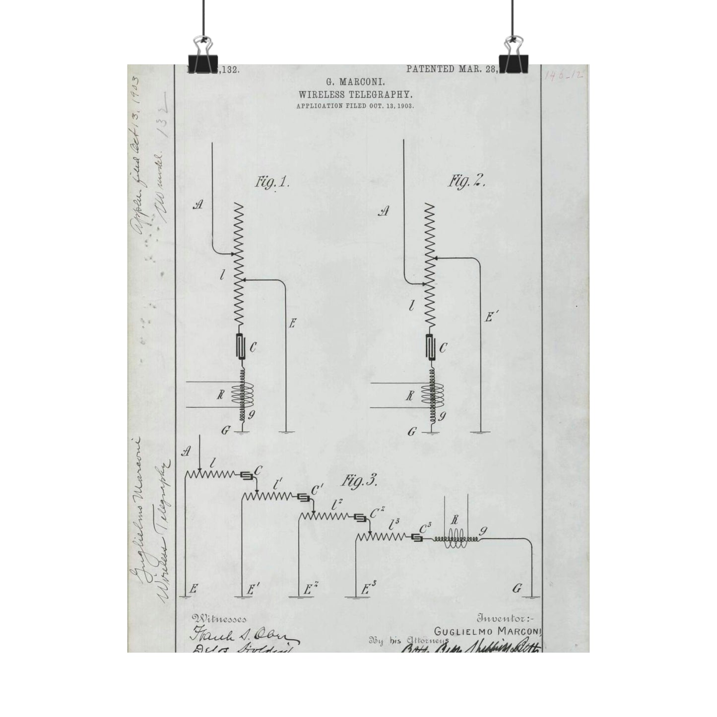 Patent drawing - for G. Marconi's Wireless Telegraphy Public domain  image High Quality Matte Wall Art Poster for Home, Office, Classroom