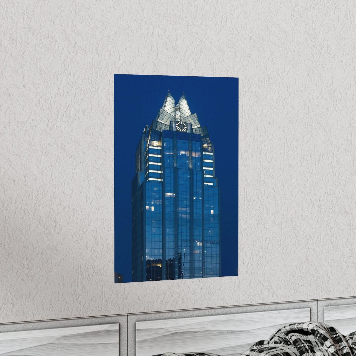 The upper reaches of Frost Bank Tower, a prominent Austin, Texas, skyscraper High Quality Matte Wall Art Poster for Home, Office, Classroom