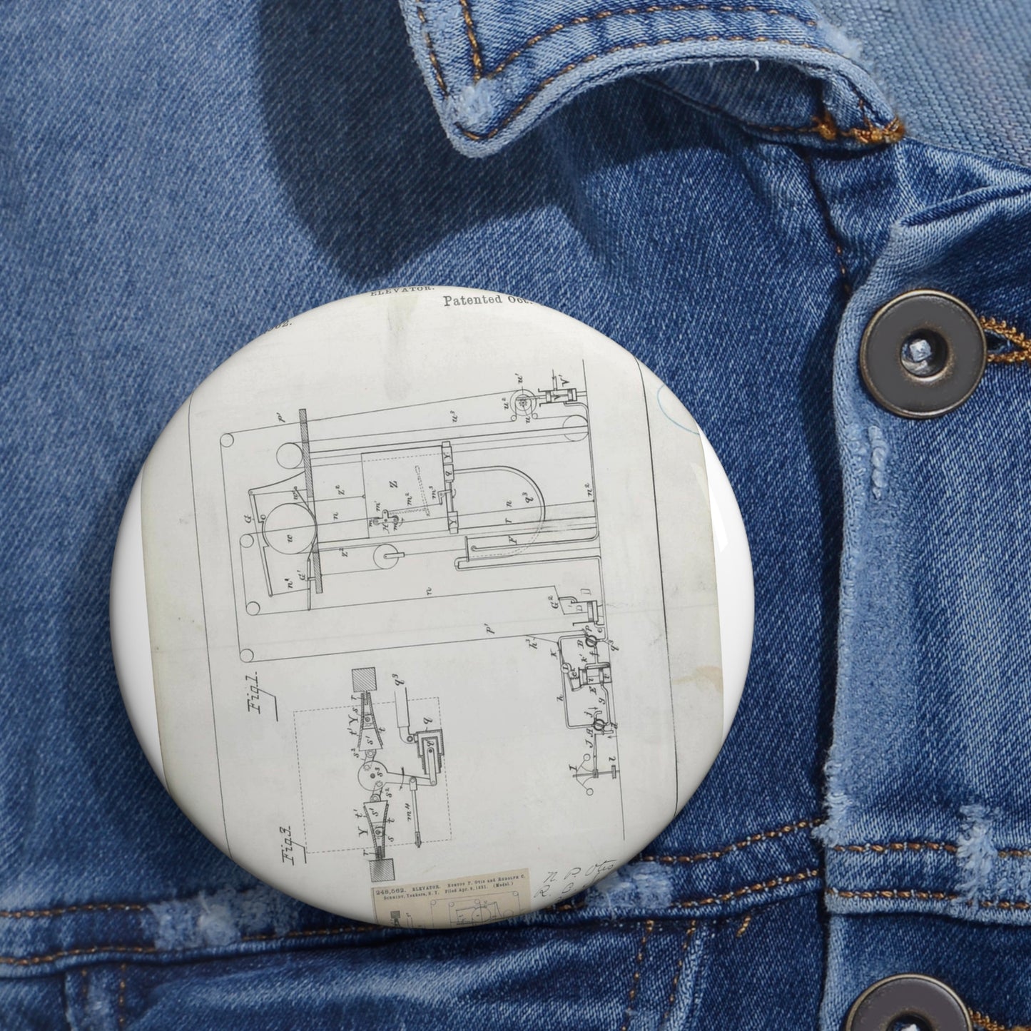 Patent Drawing of Engine - for N. P. Otis and R. C. Schmidt's Elevator Public domain  image Pin Buttons with Crisp Design