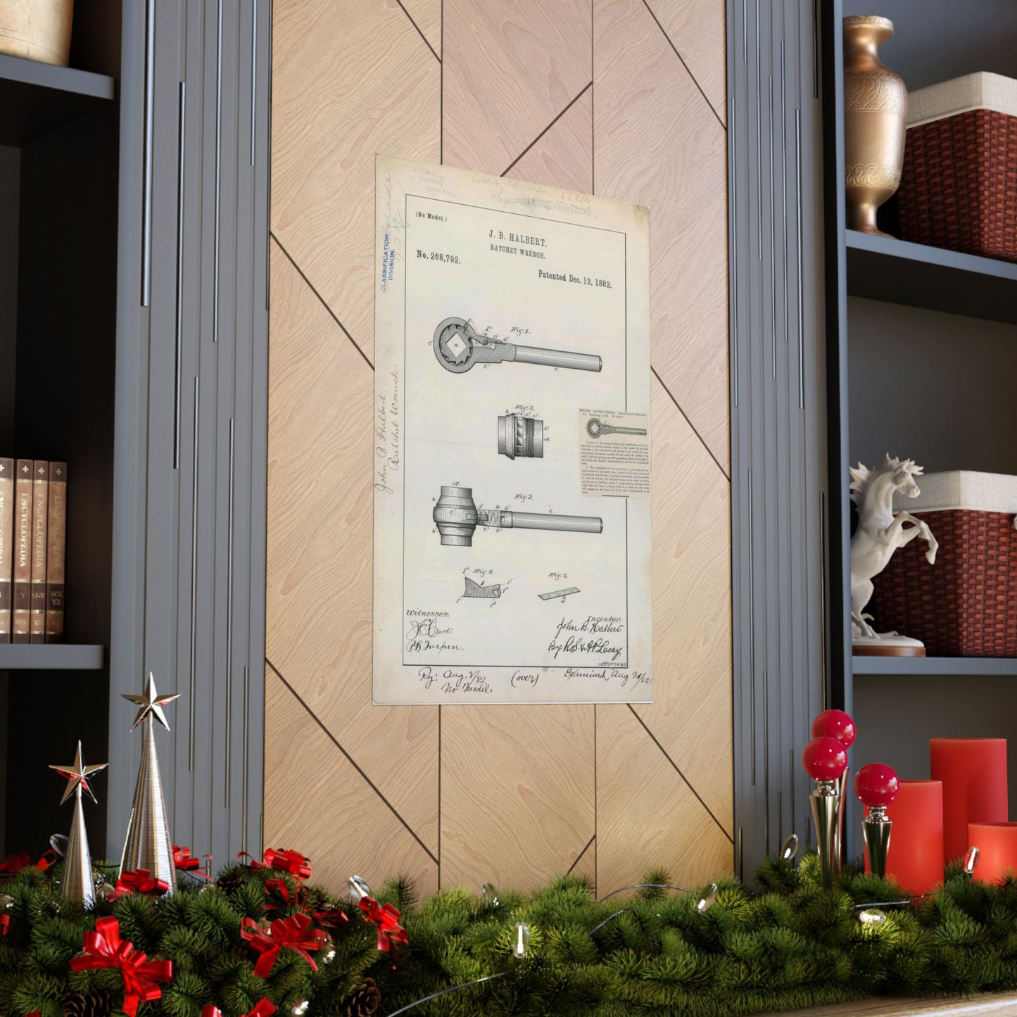 Patent Drawing of Engine - for J. B. Halbert's Ratchet Wrench Public domain  image High Quality Matte Wall Art Poster for Home, Office, Classroom