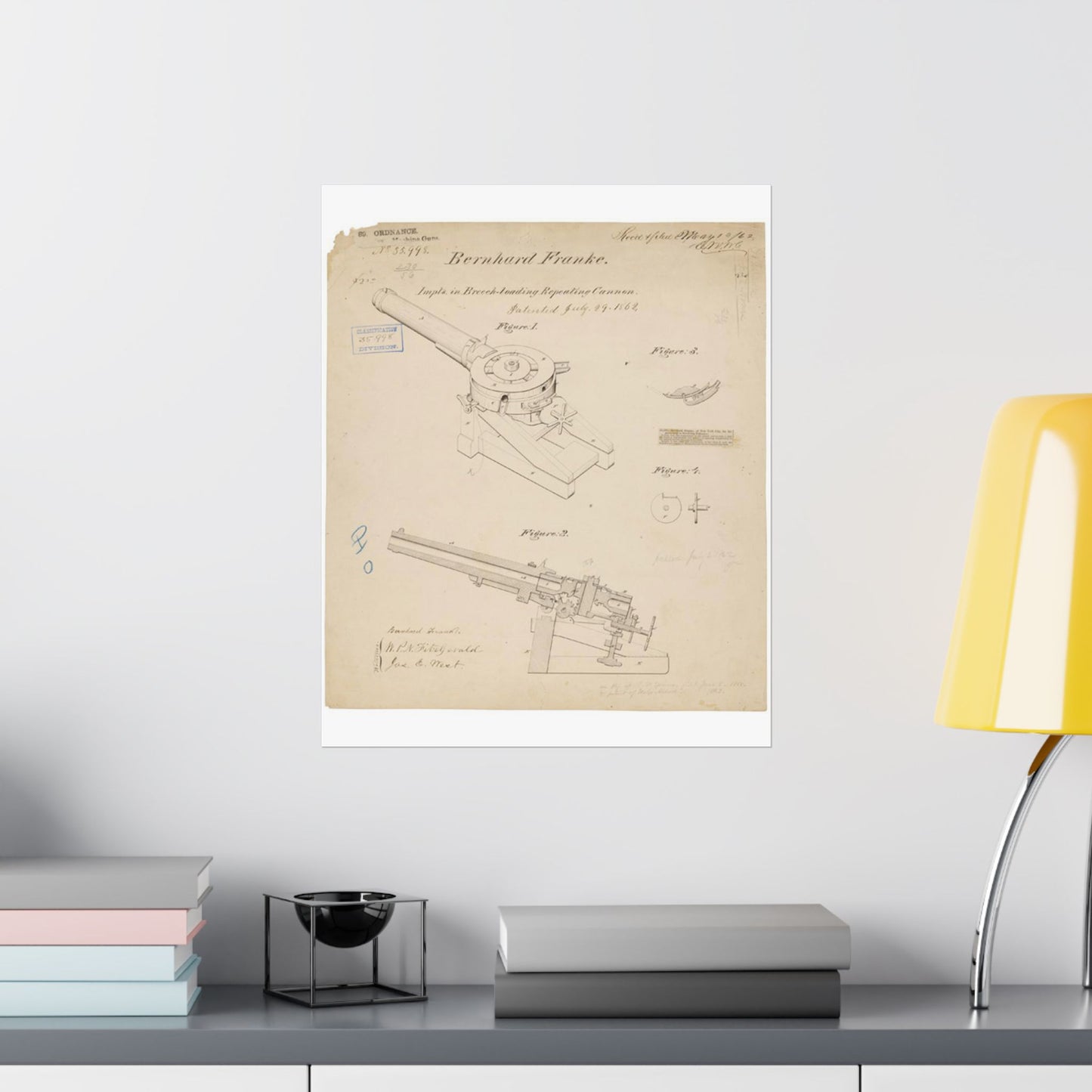 Patent drawing - Drawing of Improvements in Breech-Loading Repeating Cannon Public domain  image High Quality Matte Wall Art Poster for Home, Office, Classroom