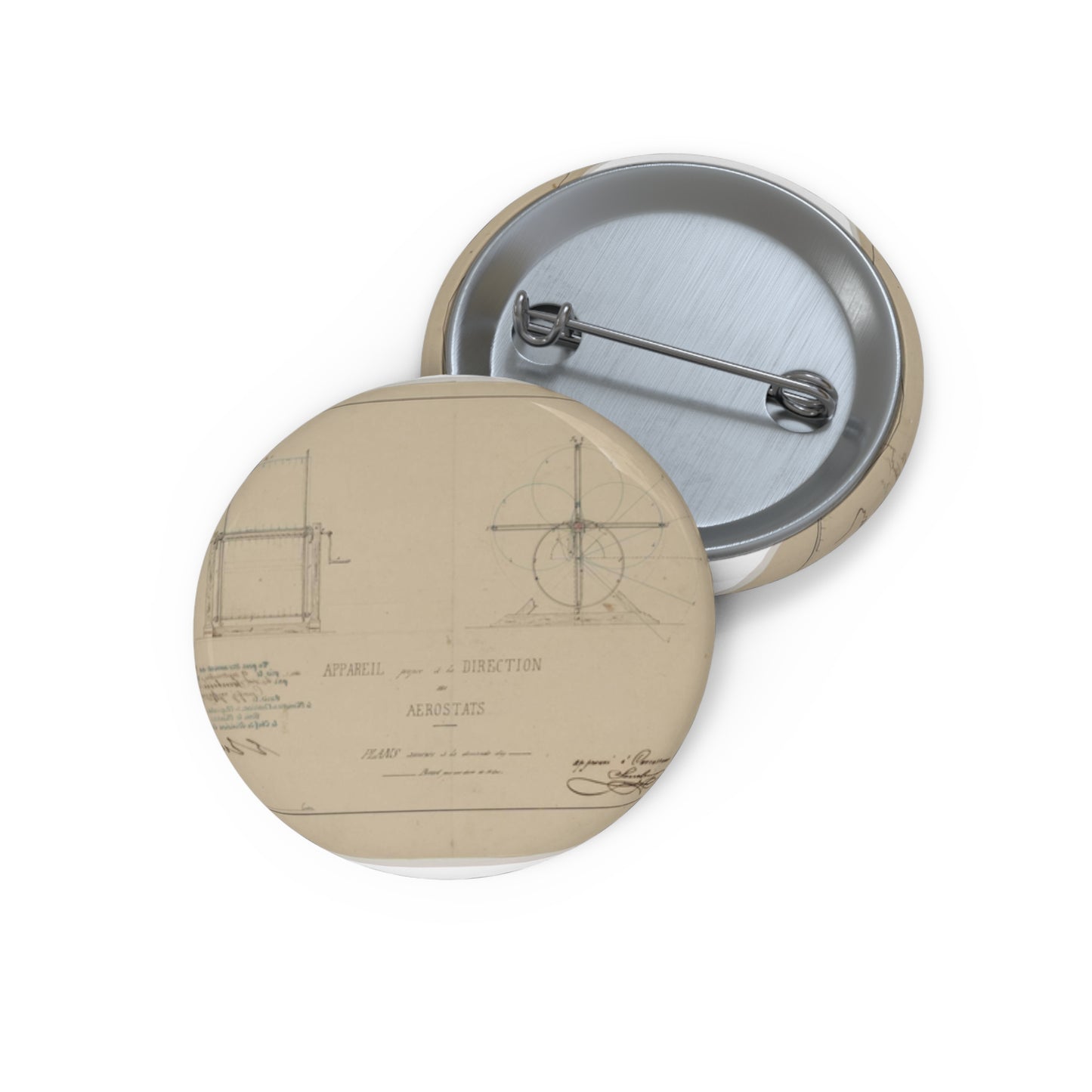 Patent drawing - Appareil propre à la direction des aerostats plans annèxes à la demande d'un brevet pour une durée de 15 ans / / apprové à [...] Sourbieu & Pre. Pradel, 1852 septembre 9. Public domain  image Pin Buttons with Crisp Design