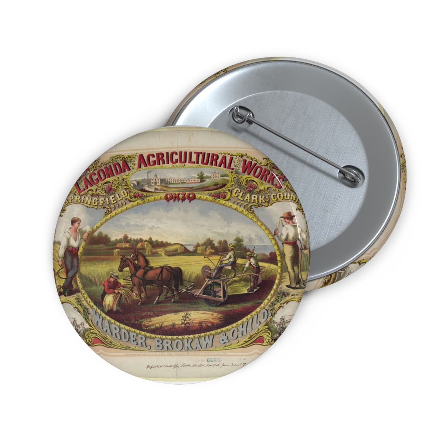Lagonda Agricultural Works, Springfield, Clark County, Ohio, Warder, Brokaw & Child / E. Forbes, del. ; lith. of G.W. Lewis, N.Y. Pin Buttons with Crisp Design